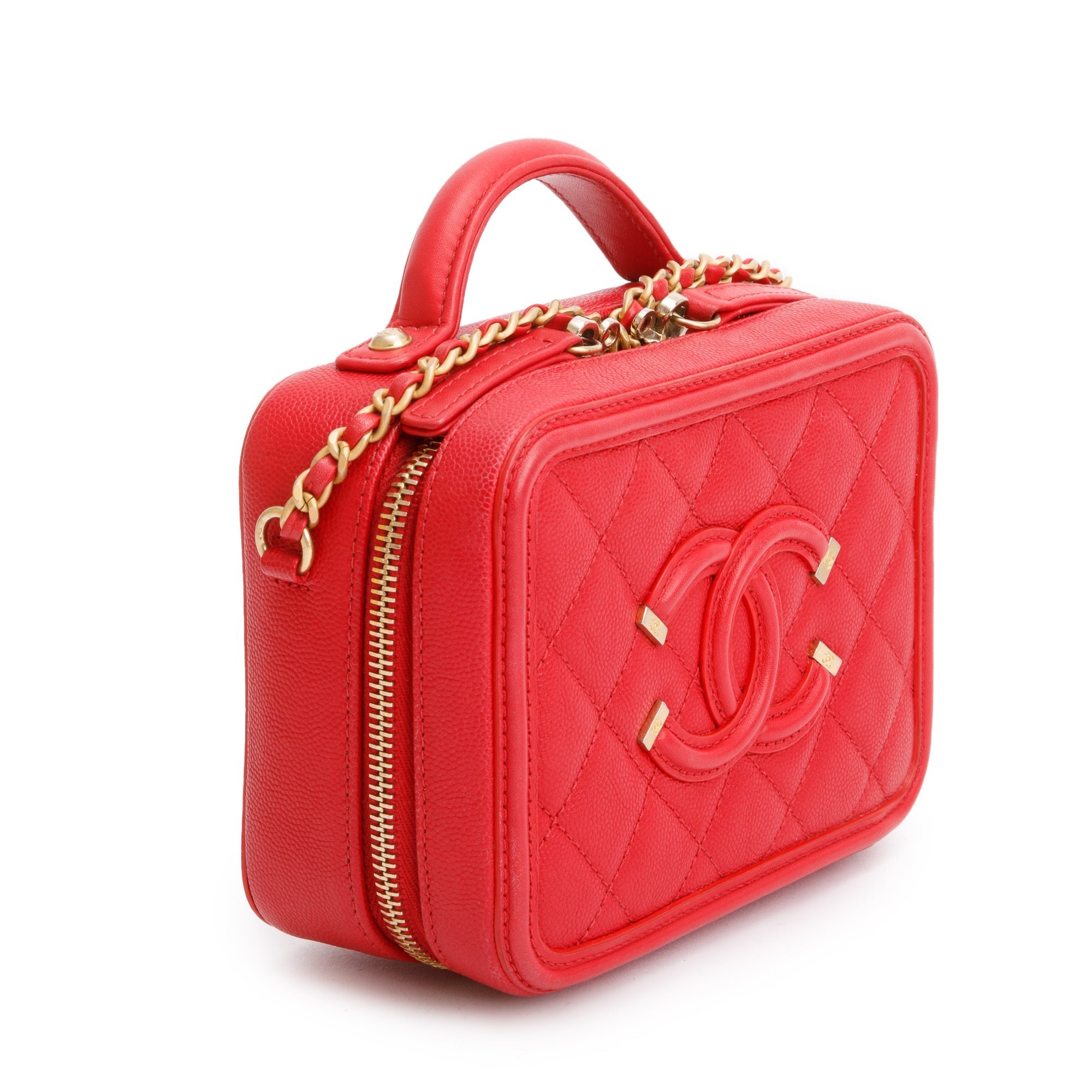 Chanel Red Quilted Caviar Leather Small CC Filigree Vanity Chain Clutch