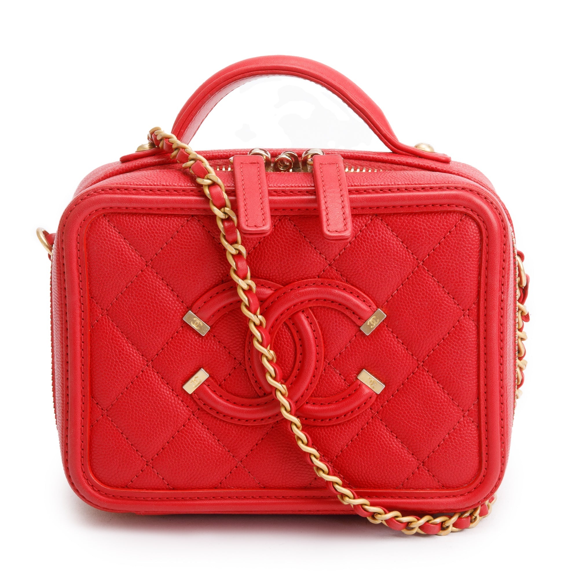 Chanel Red Quilted Caviar Leather Small CC Filigree Vanity Chain Clutch