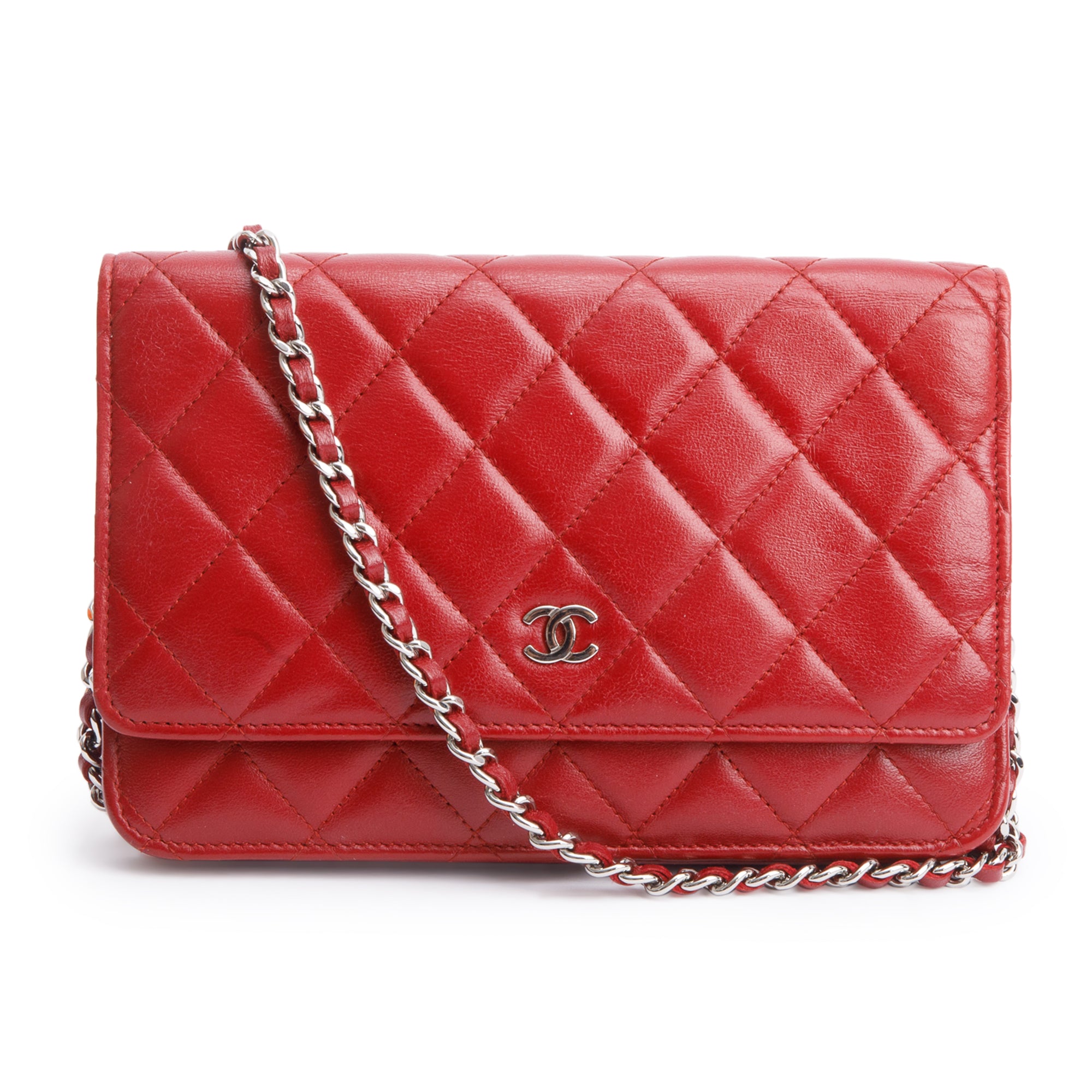Chanel Red Quilted Lambskin Leather Classic Wallet on Chain w/ Authenticity Card