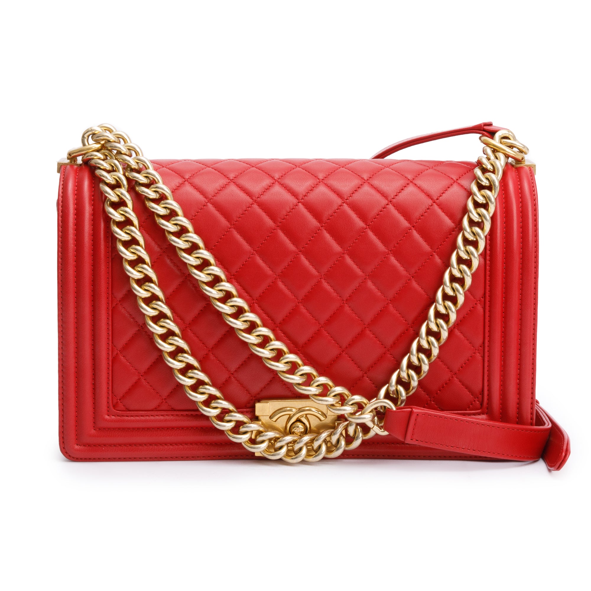 Chanel Red Quilted Lambskin Leather Large Boy Bag w/ Box & Authenticity Card