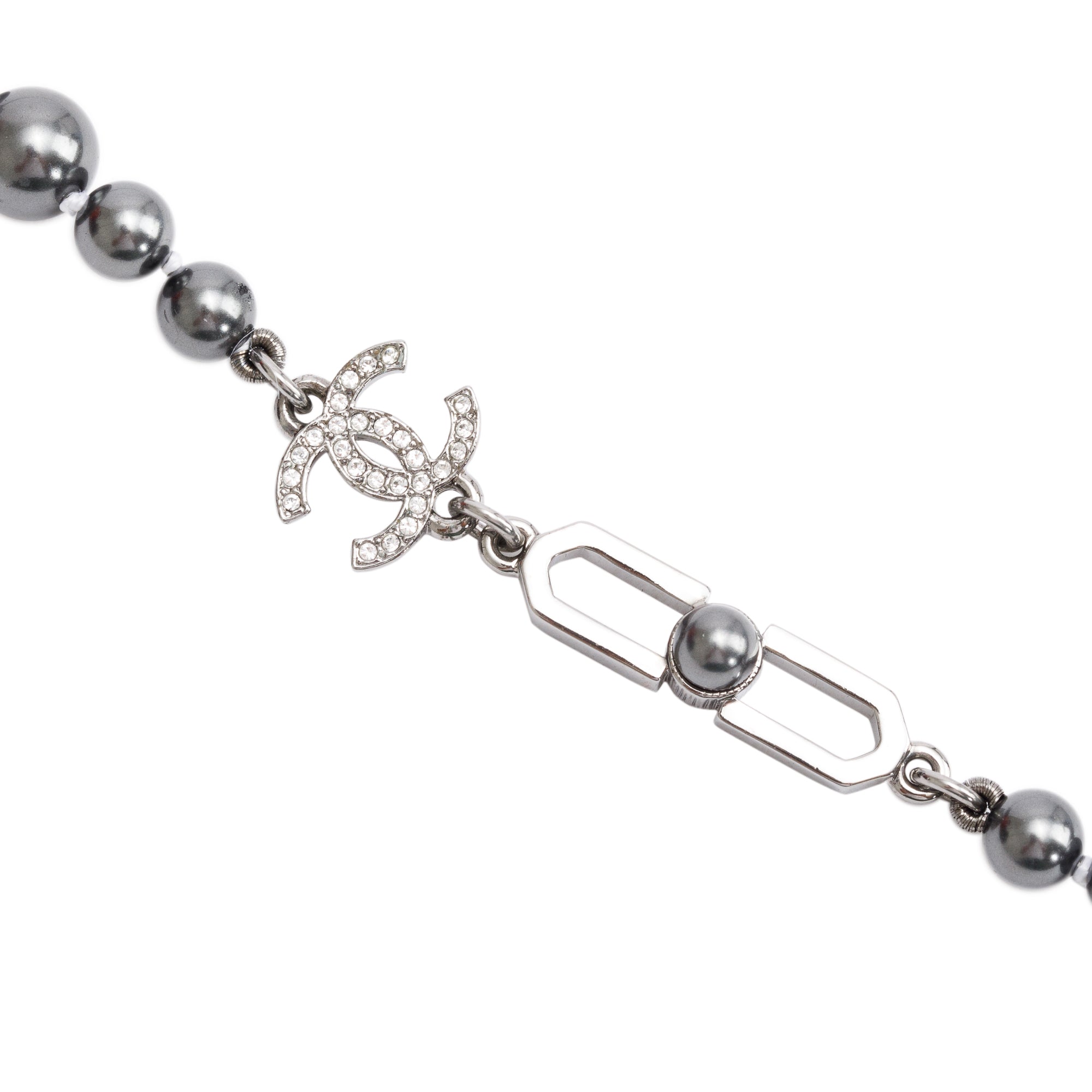 Chanel Rhodium Plated Grey Faux Pearl & Strass CC Long Necklace w/ Box