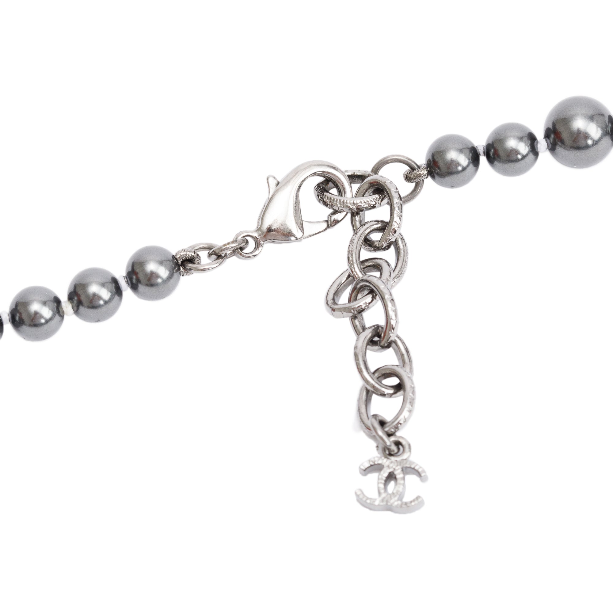 Chanel Rhodium Plated Grey Faux Pearl & Strass CC Long Necklace w/ Box
