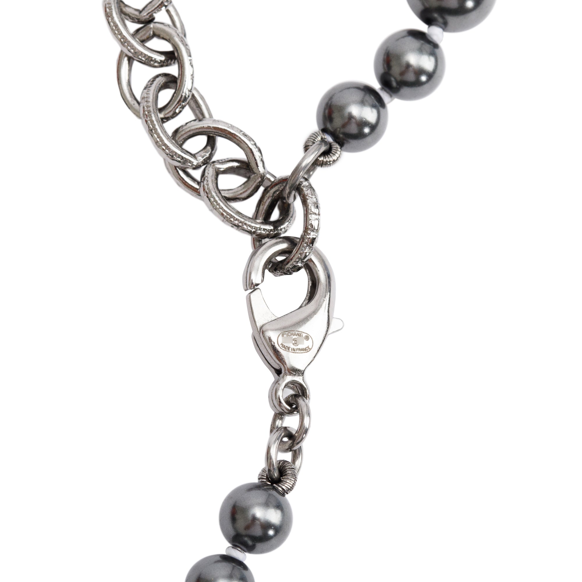 Chanel Rhodium Plated Grey Faux Pearl & Strass CC Long Necklace w/ Box