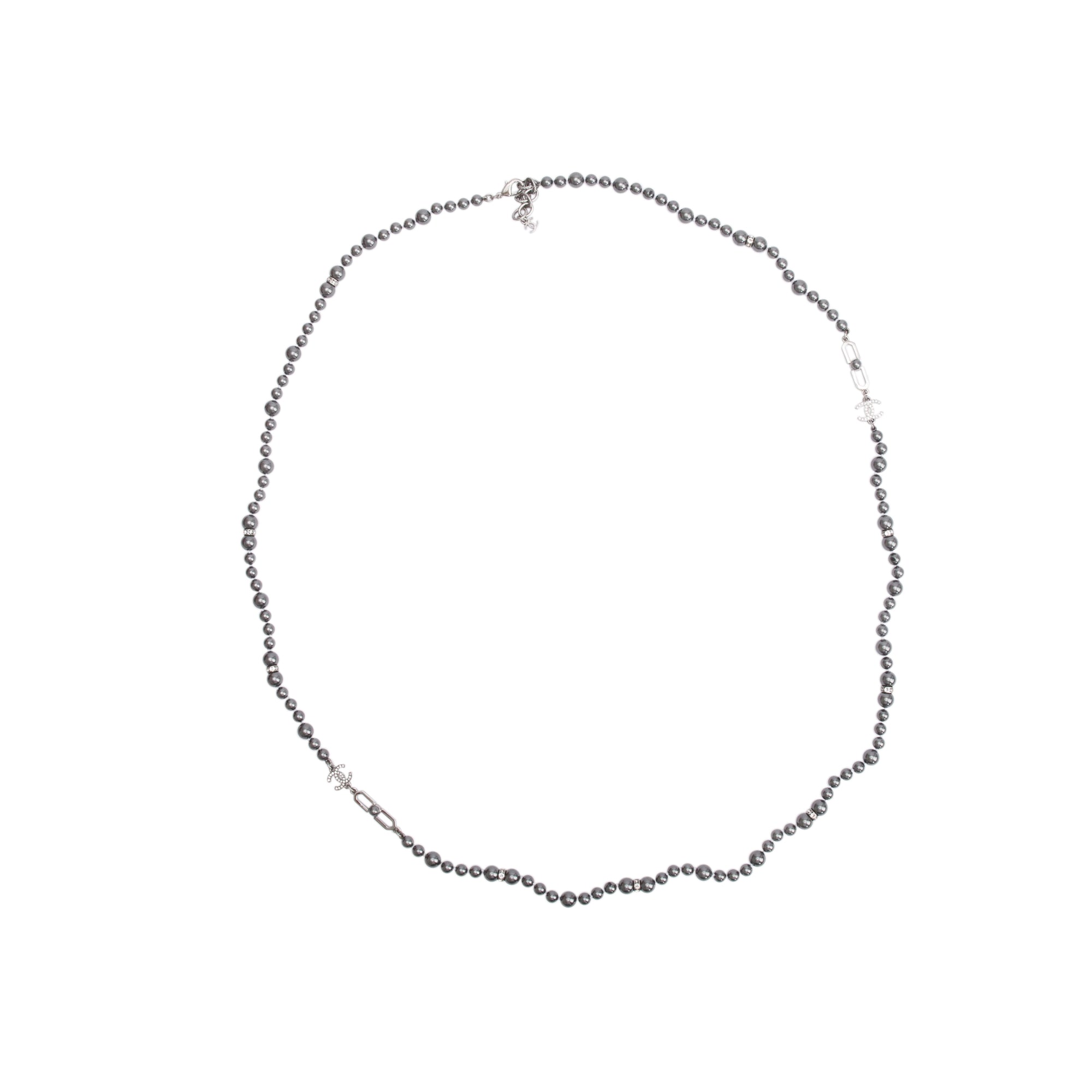 Chanel Rhodium Plated Grey Faux Pearl & Strass CC Long Necklace w/ Box