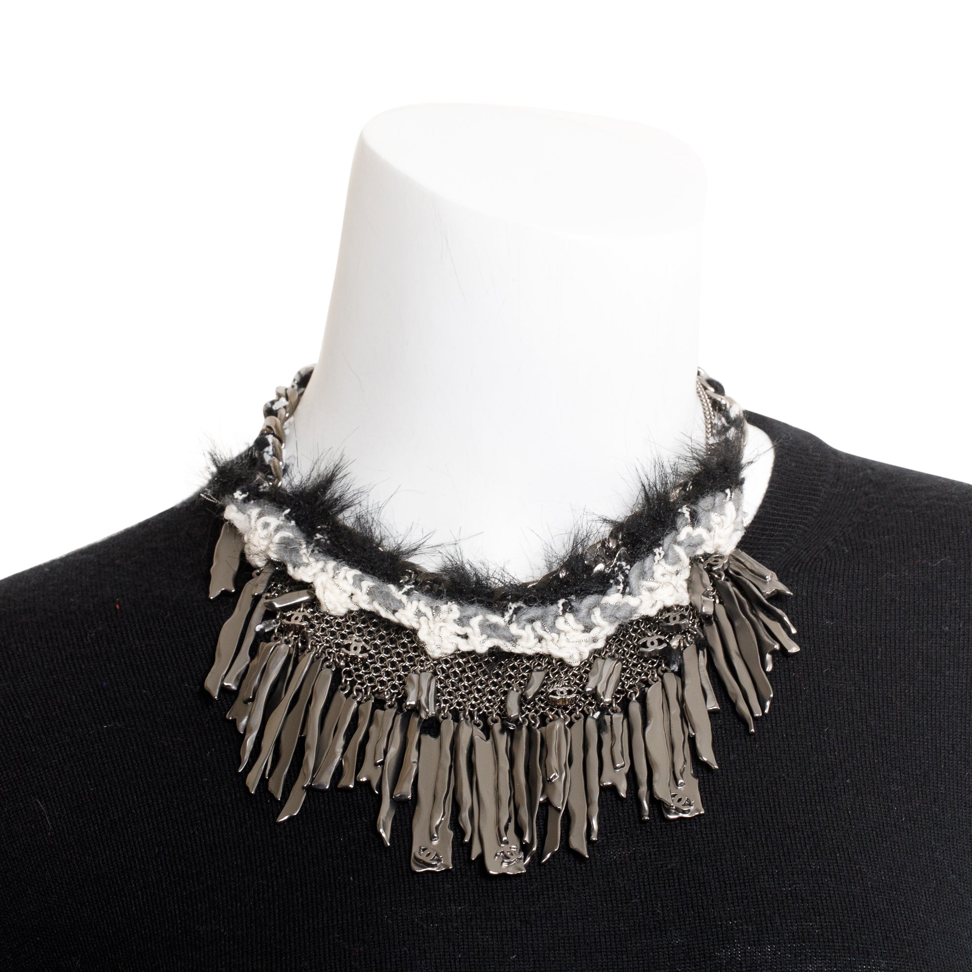 Chanel Ruthenium Faux Fur & Tweed Chainmail & CC Logo Fringe Necklace w/ Box