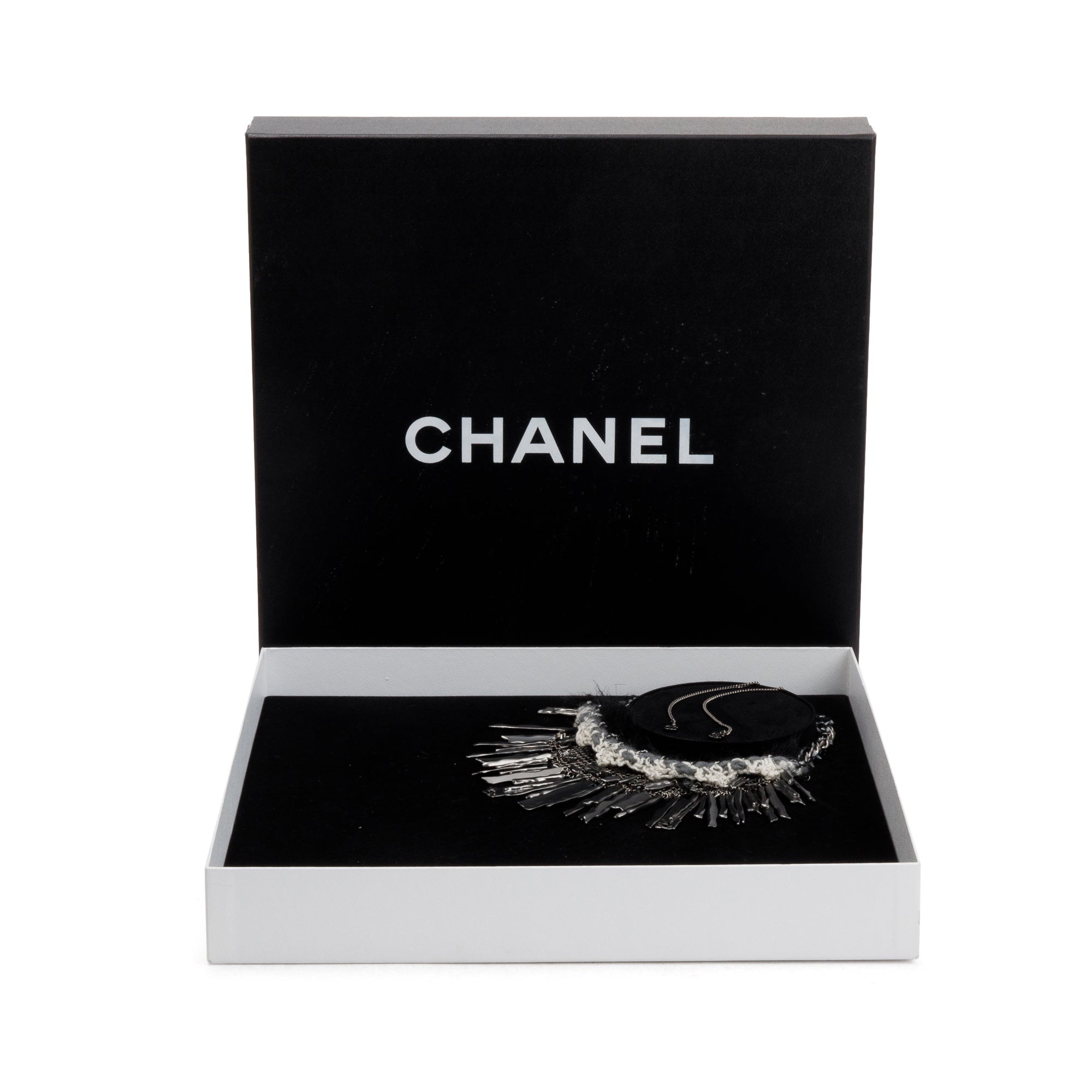 Chanel Ruthenium Faux Fur & Tweed Chainmail & CC Logo Fringe Necklace w/ Box