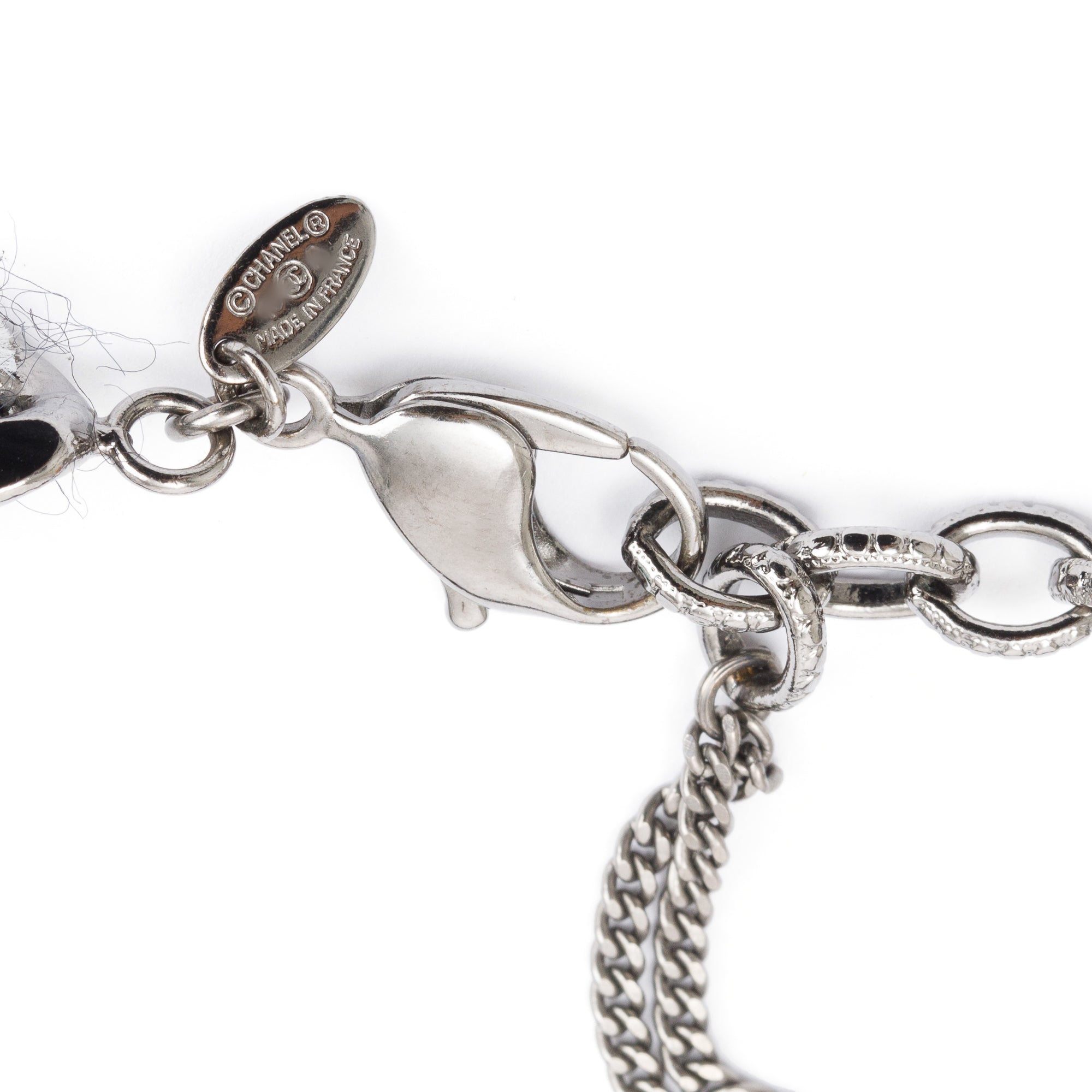 Chanel Ruthenium Faux Fur & Tweed Chainmail & CC Logo Fringe Necklace w/ Box