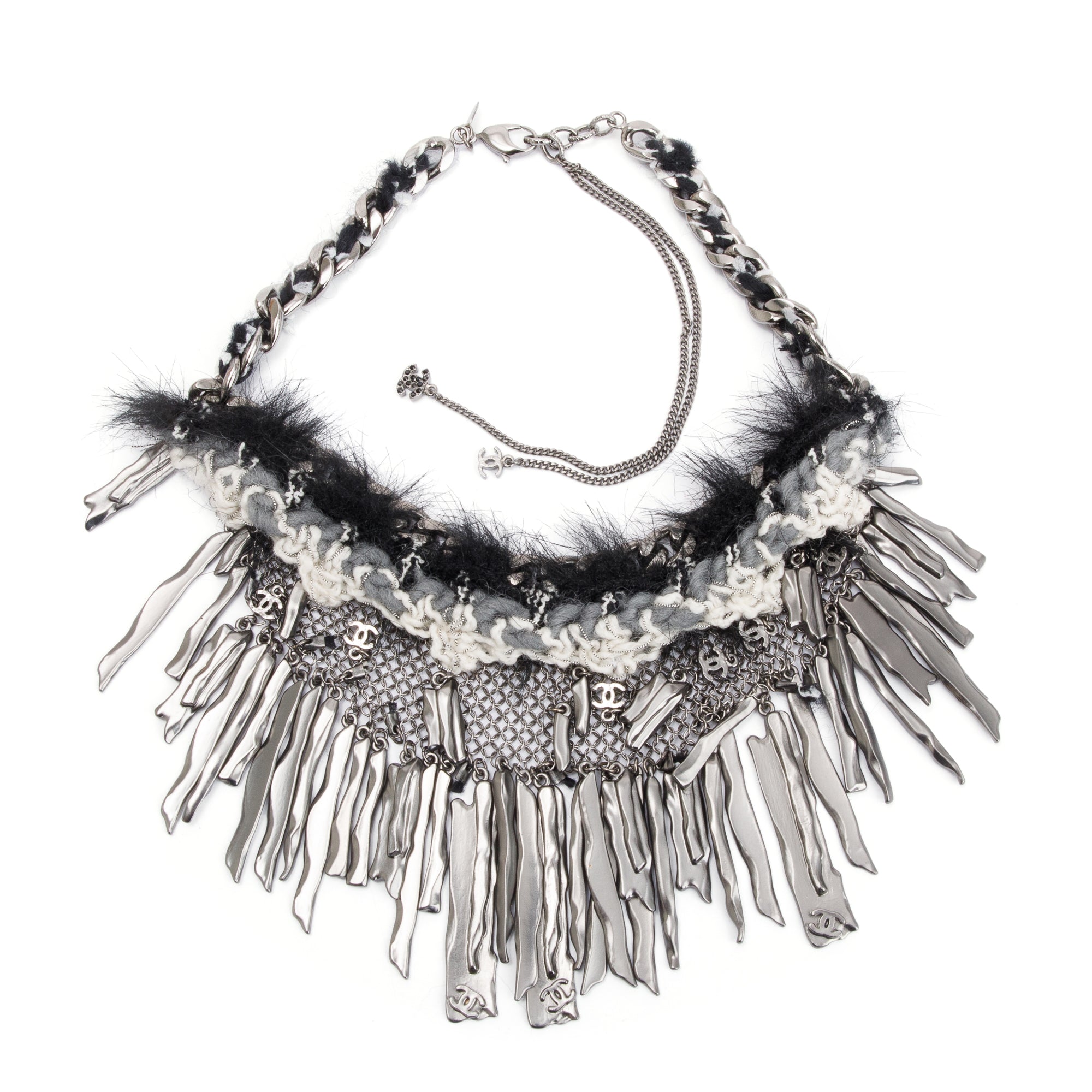 Chanel Ruthenium Faux Fur & Tweed Chainmail & CC Logo Fringe Necklace w/ Box