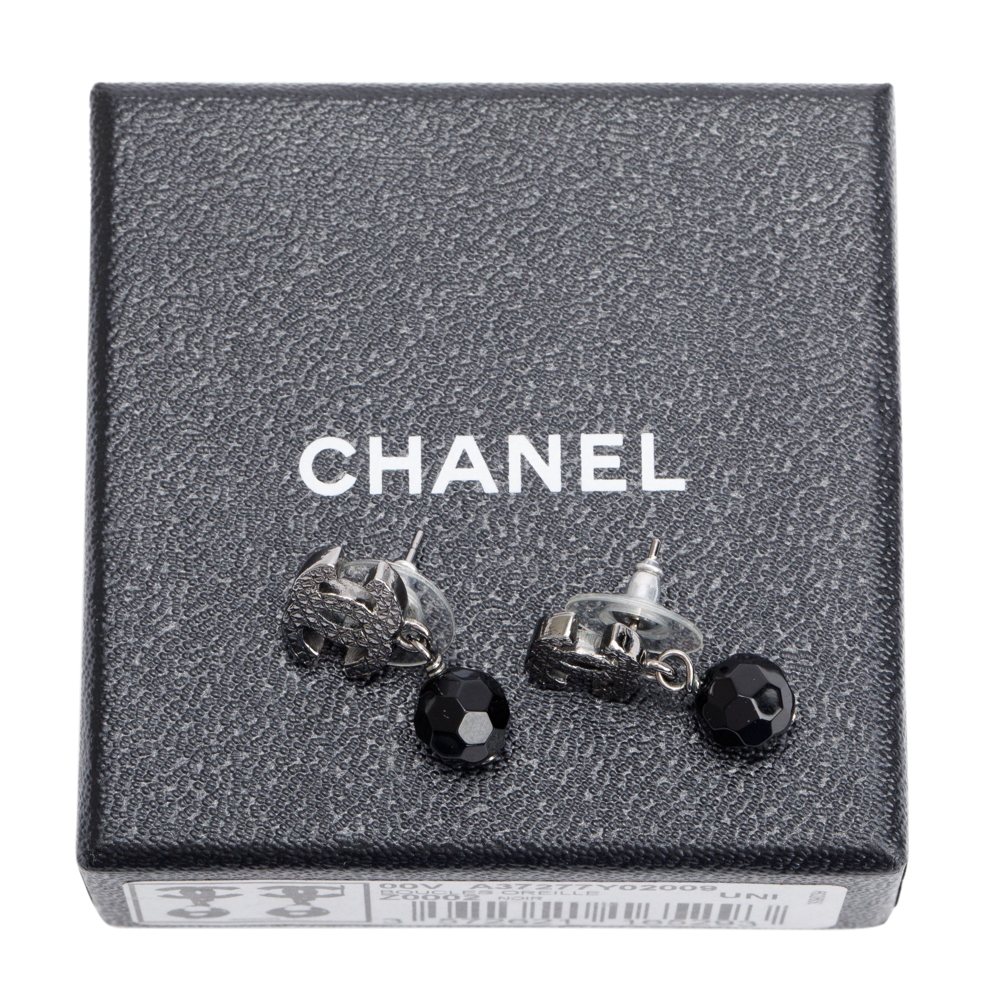 Chanel Ruthenium-Plated Black Resin Bead CC Drop Earrings w/ Box