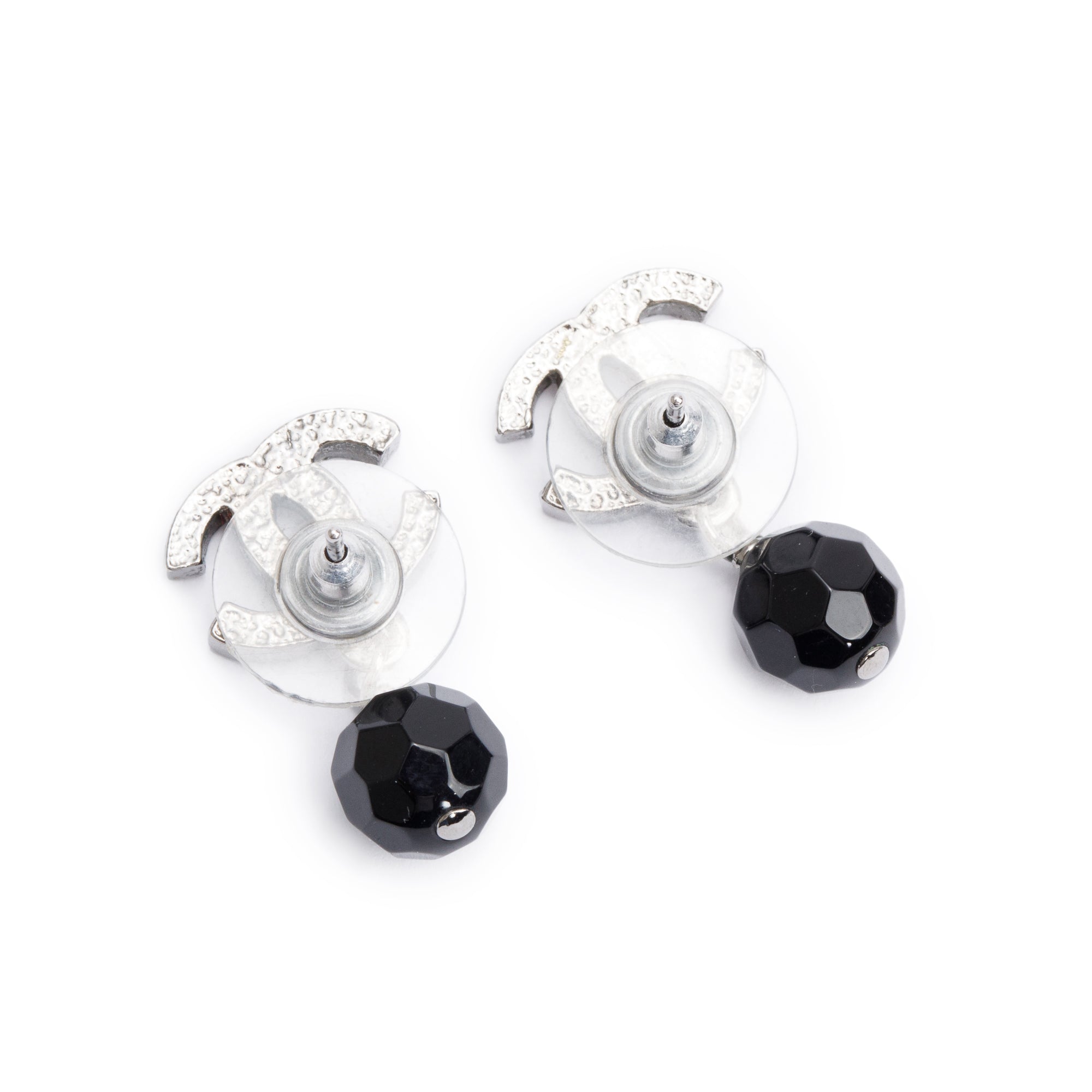 Chanel Ruthenium-Plated Black Resin Bead CC Drop Earrings w/ Box