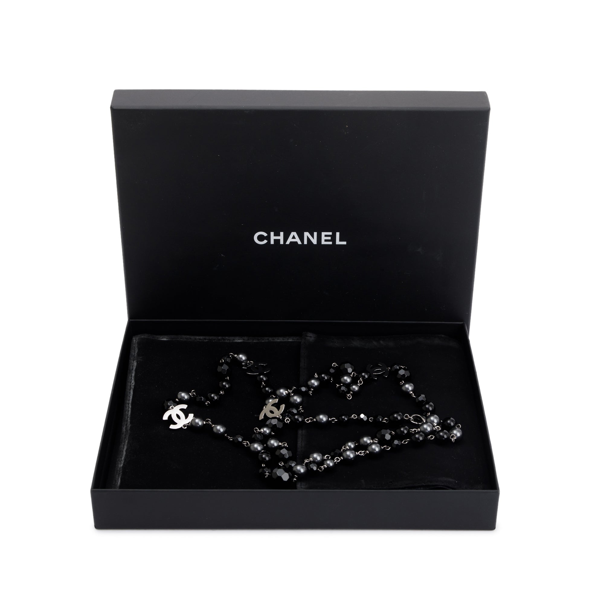 Chanel Ruthenium Plated Faux Pearl, Resin & Bead CC Long Necklace w/ Box
