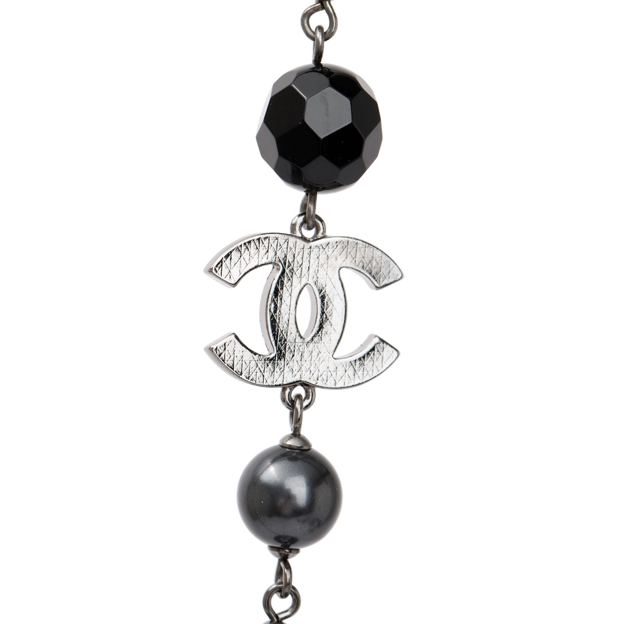 Chanel Ruthenium Plated Faux Pearl, Resin & Bead CC Long Necklace w/ Box