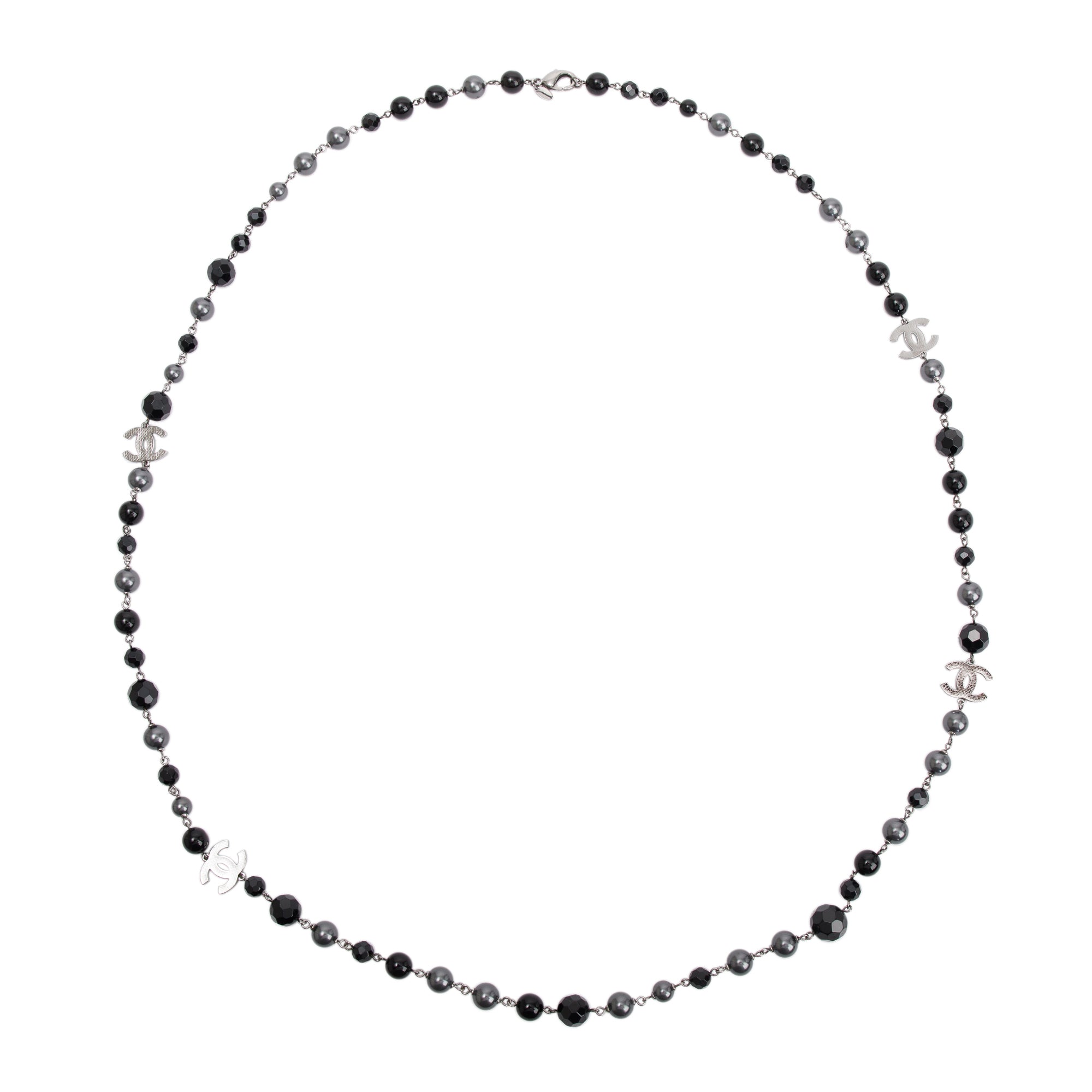 Chanel Ruthenium Plated Faux Pearl, Resin & Bead CC Long Necklace w/ Box