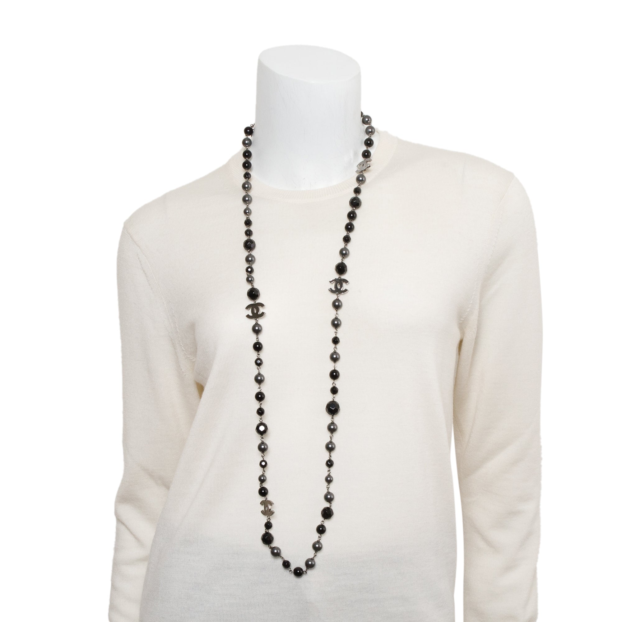 Chanel Ruthenium-Plated Faux Pearl & Resin Bead CC Long Station Necklace