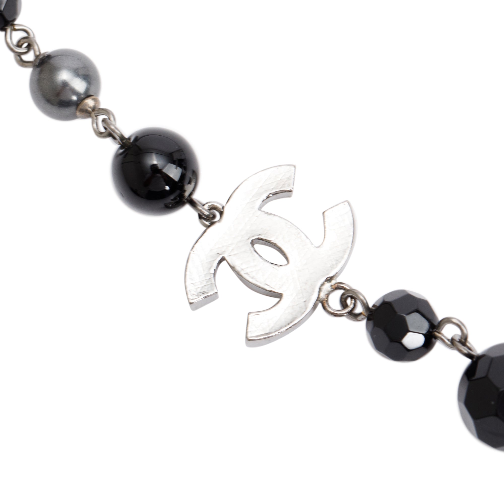 Chanel Ruthenium-Plated Faux Pearl & Resin Bead CC Long Station Necklace