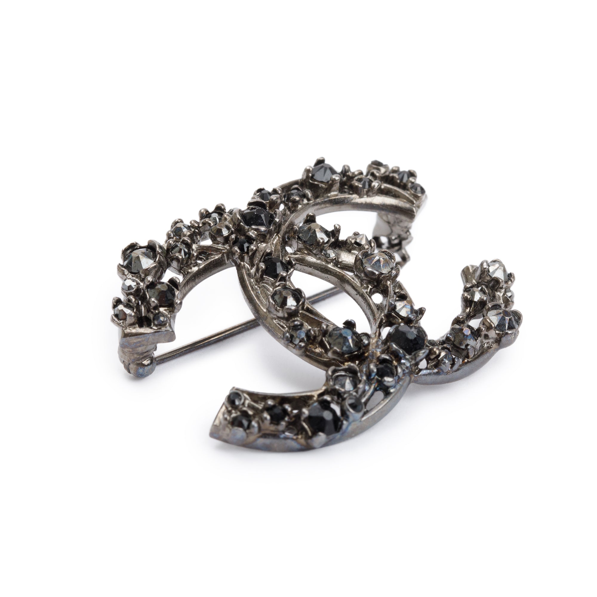 Chanel Ruthenium Plated Strass CC Brooch