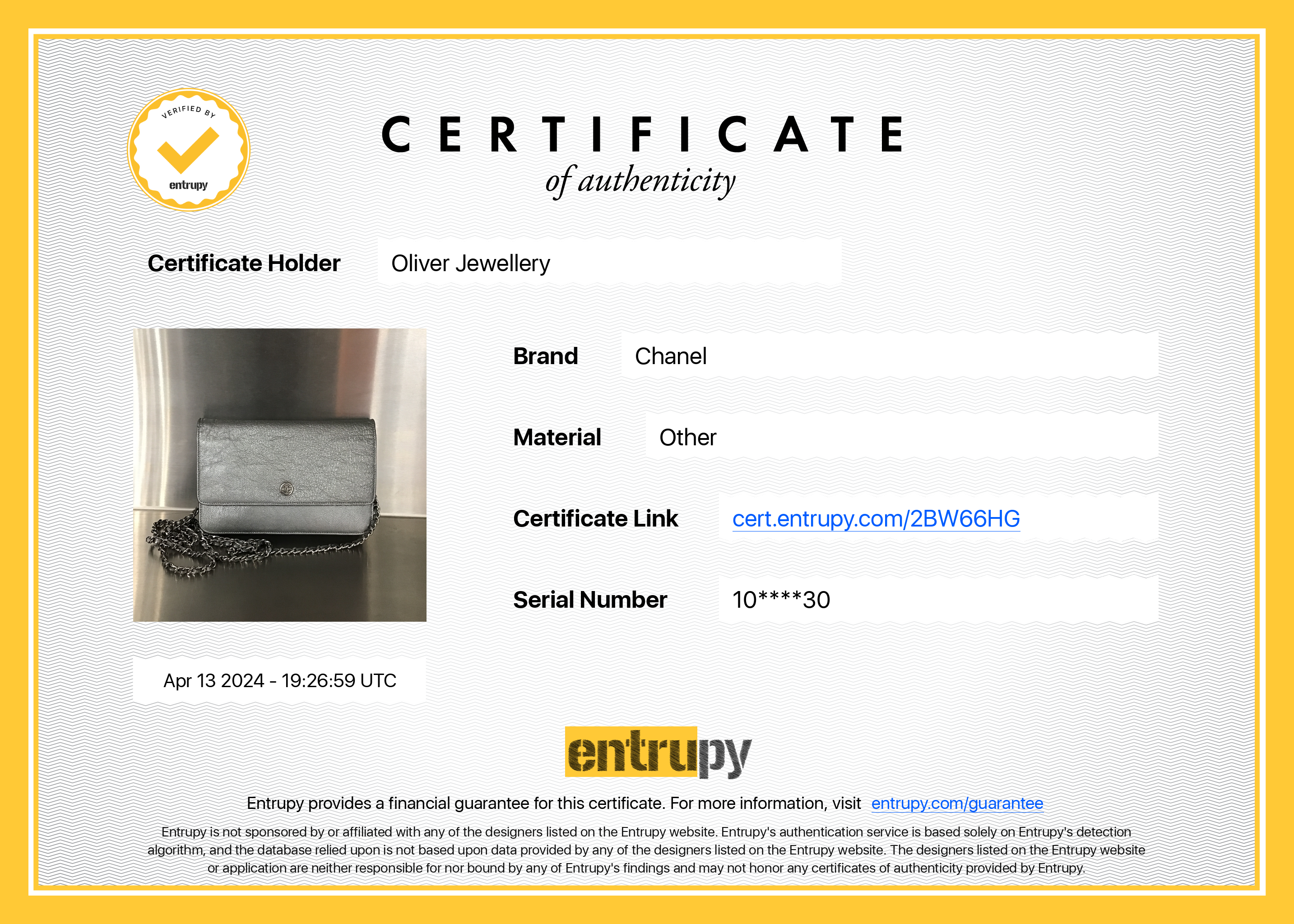 Chanel Silver Calfskin Leather CC Wallet on Chain w/ Box