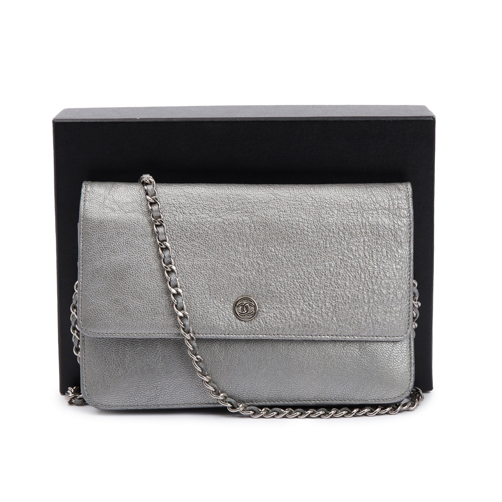Chanel Silver Calfskin Leather CC Wallet on Chain w/ Box