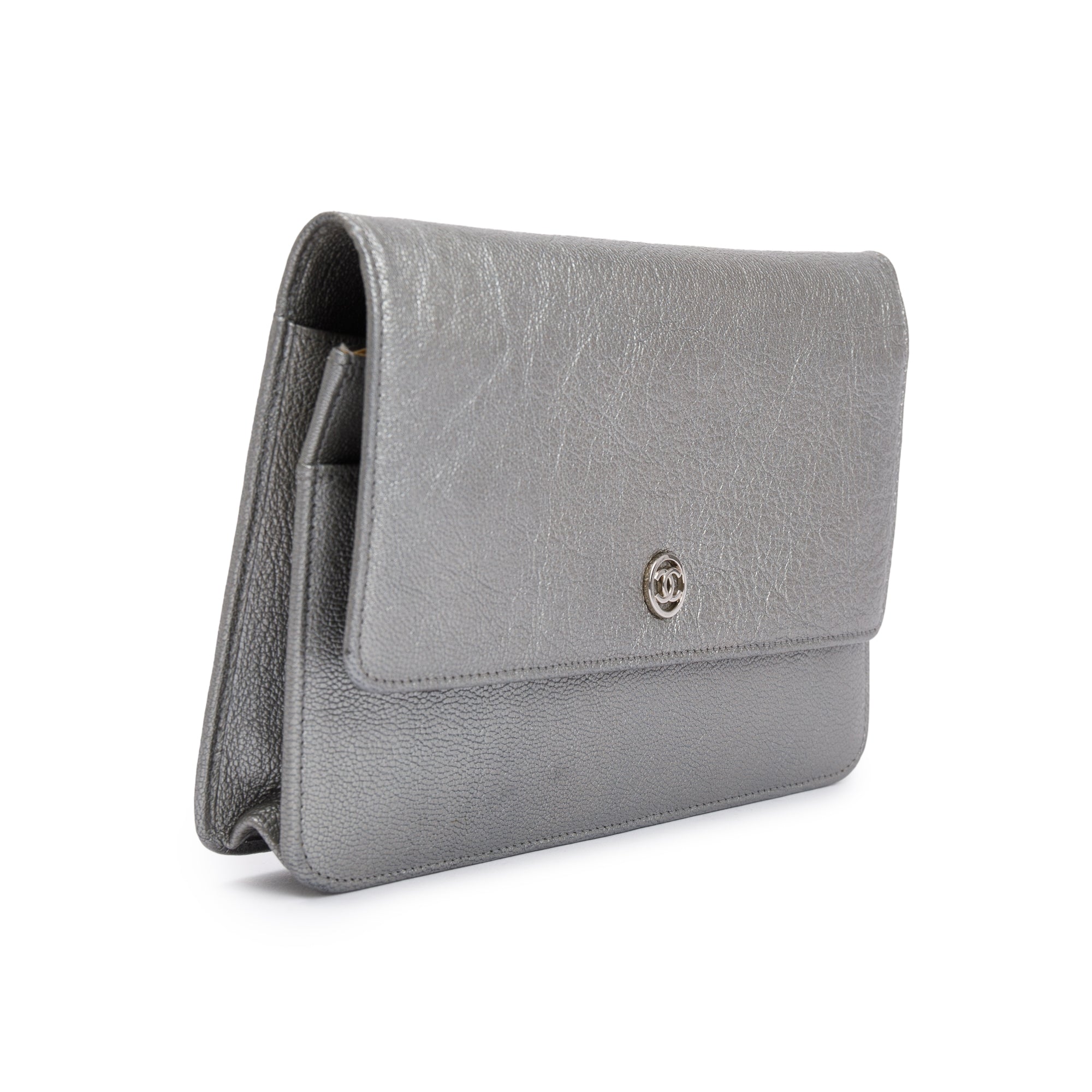 Chanel Silver Calfskin Leather CC Wallet on Chain w/ Box