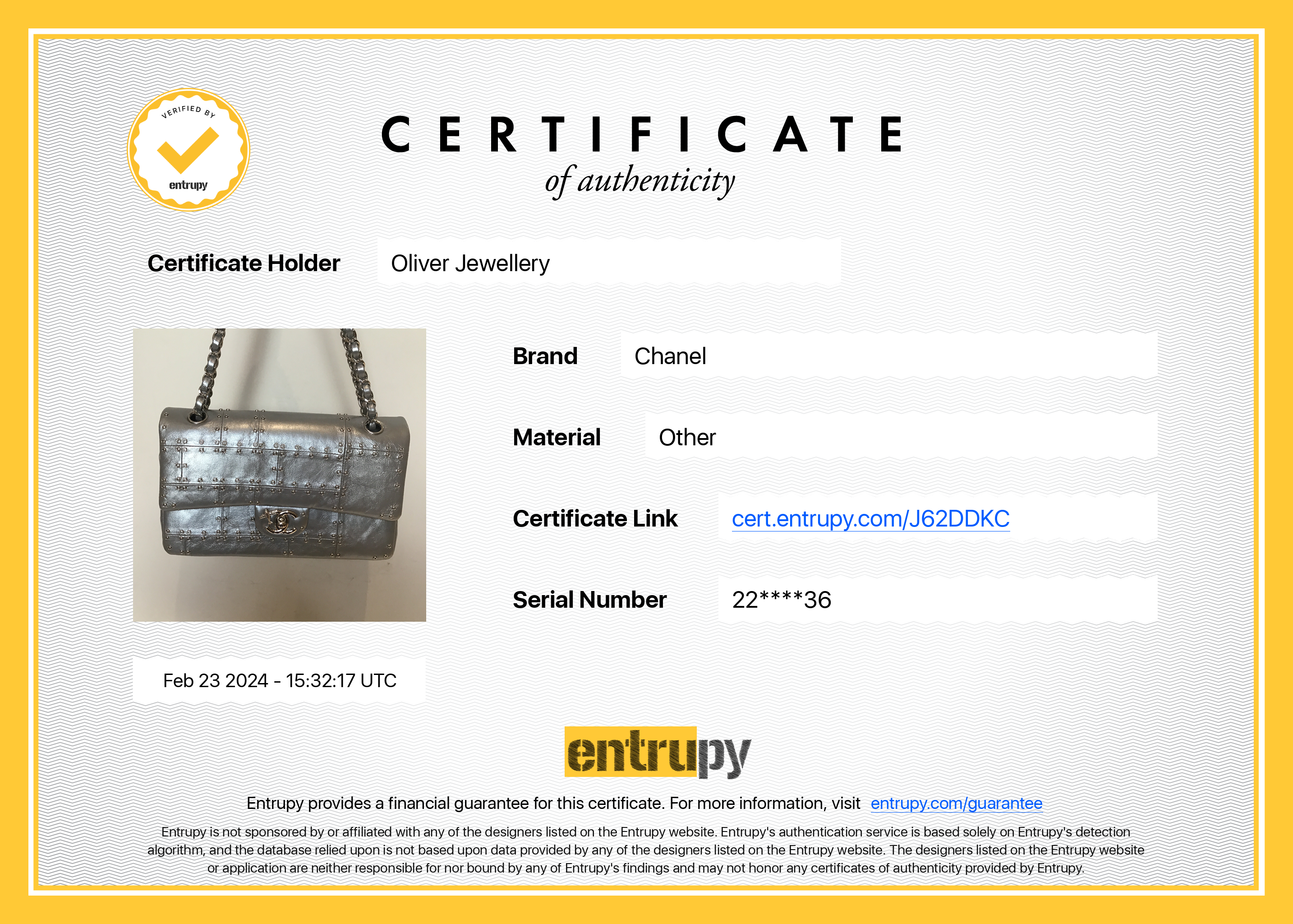 Chanel Silver Calfskin Leather Grommet Airline Medium Double Flap Bag w/ Authenticity Card & Receipt