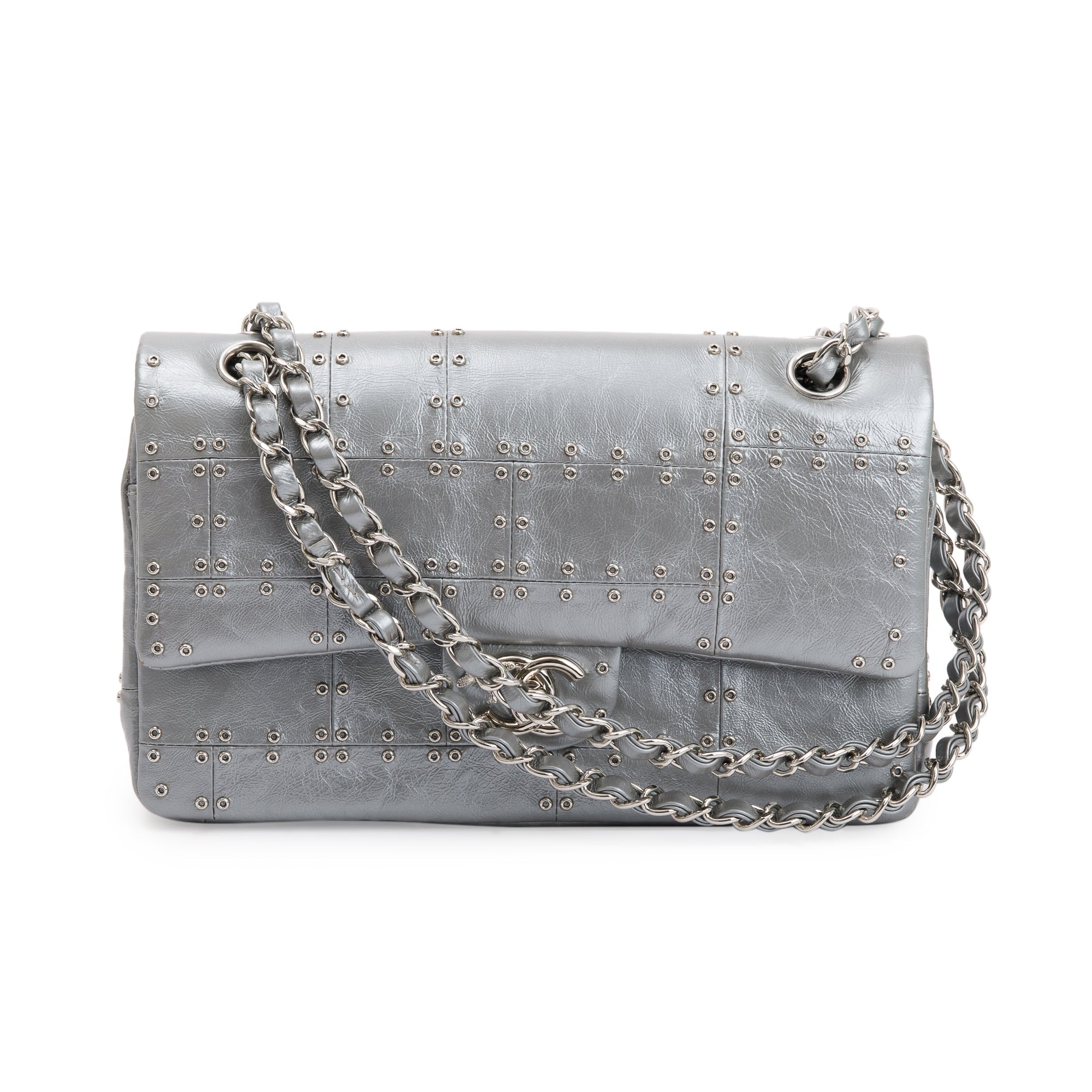 Chanel Silver Calfskin Leather Grommet Airline Medium Double Flap Bag w/ Authenticity Card & Receipt