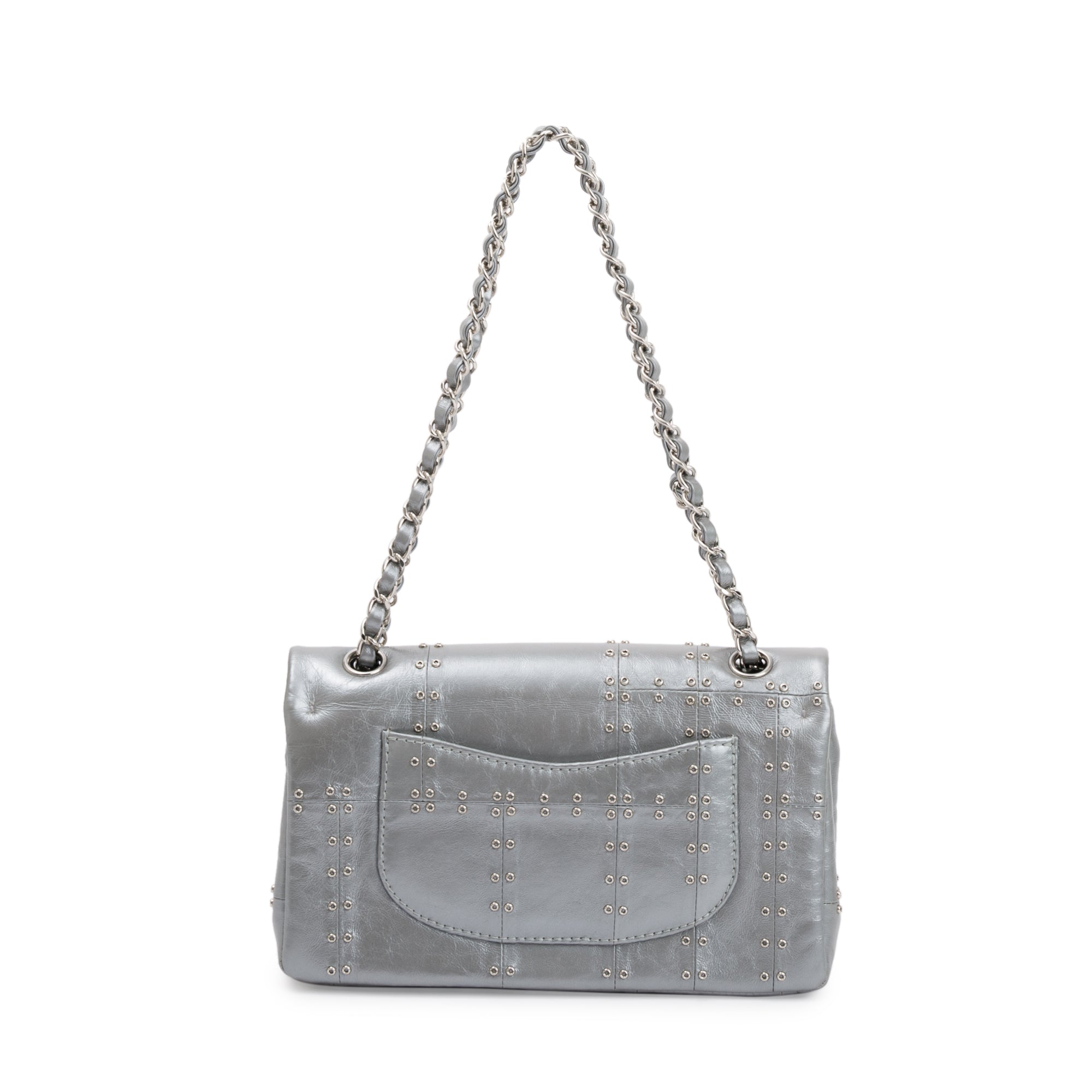 Chanel Silver Calfskin Leather Grommet Airline Medium Double Flap Bag w/ Authenticity Card & Receipt