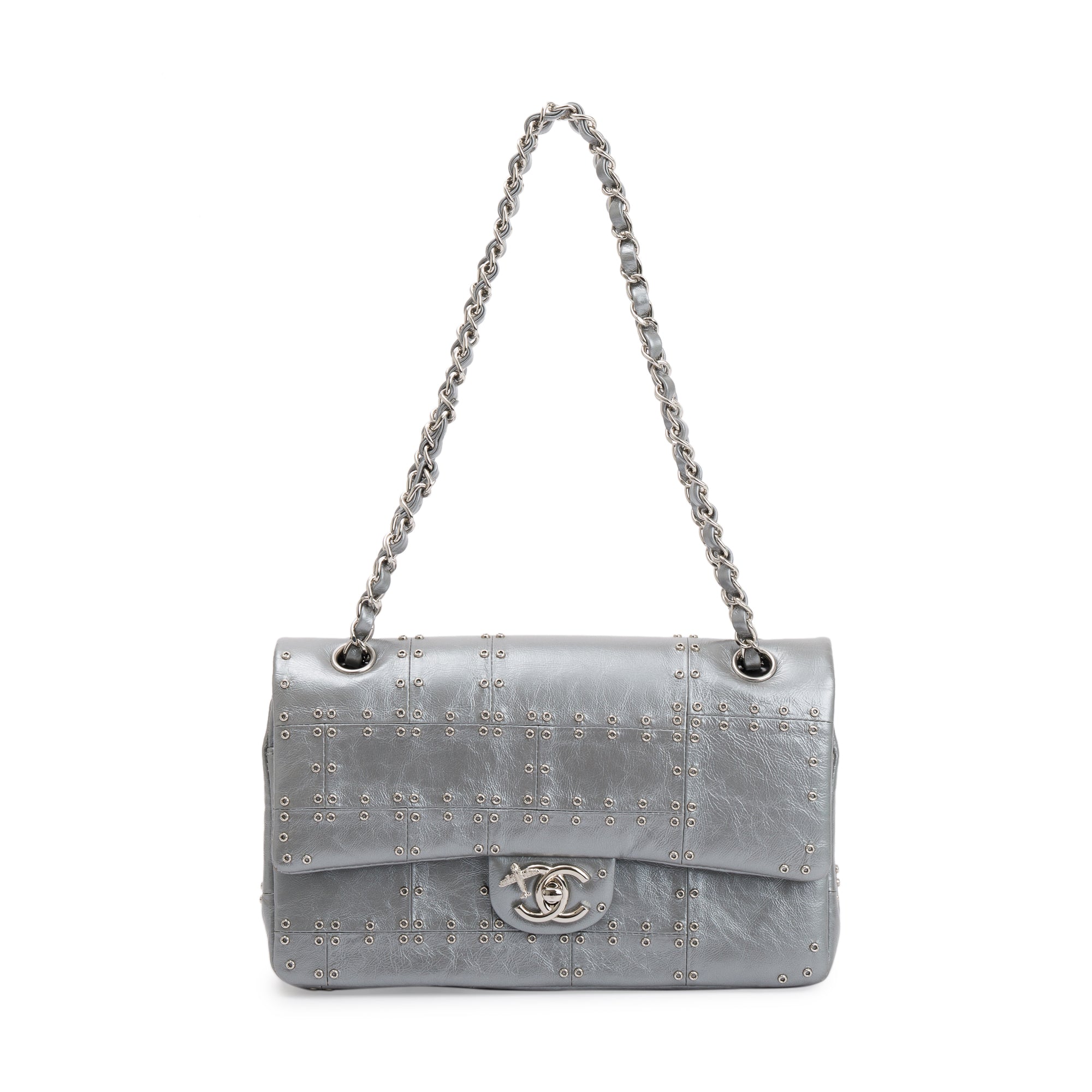 Chanel Silver Calfskin Leather Grommet Airline Medium Double Flap Bag w/ Authenticity Card & Receipt