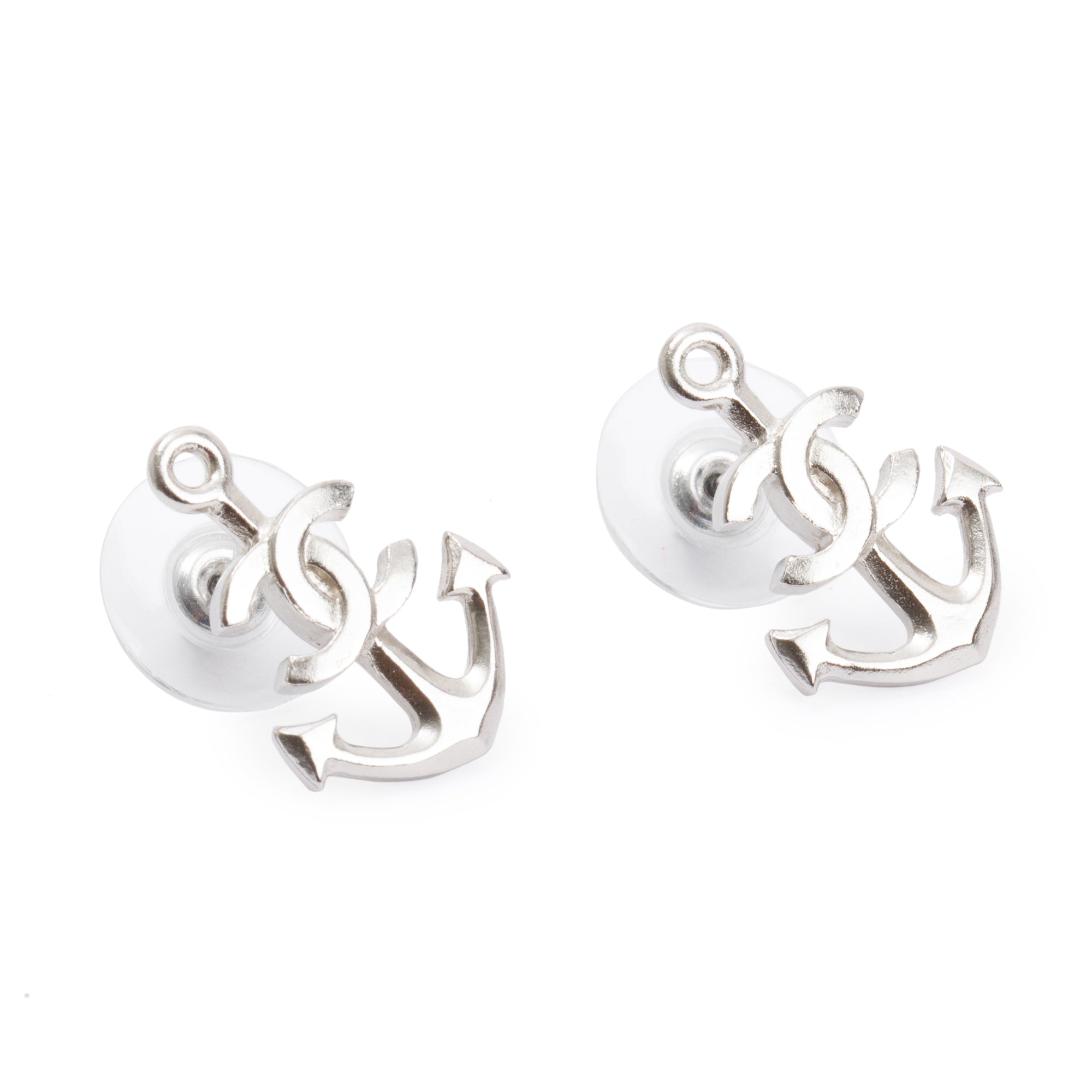 Chanel Silver Metal Anchor CC Earrings w/ Box