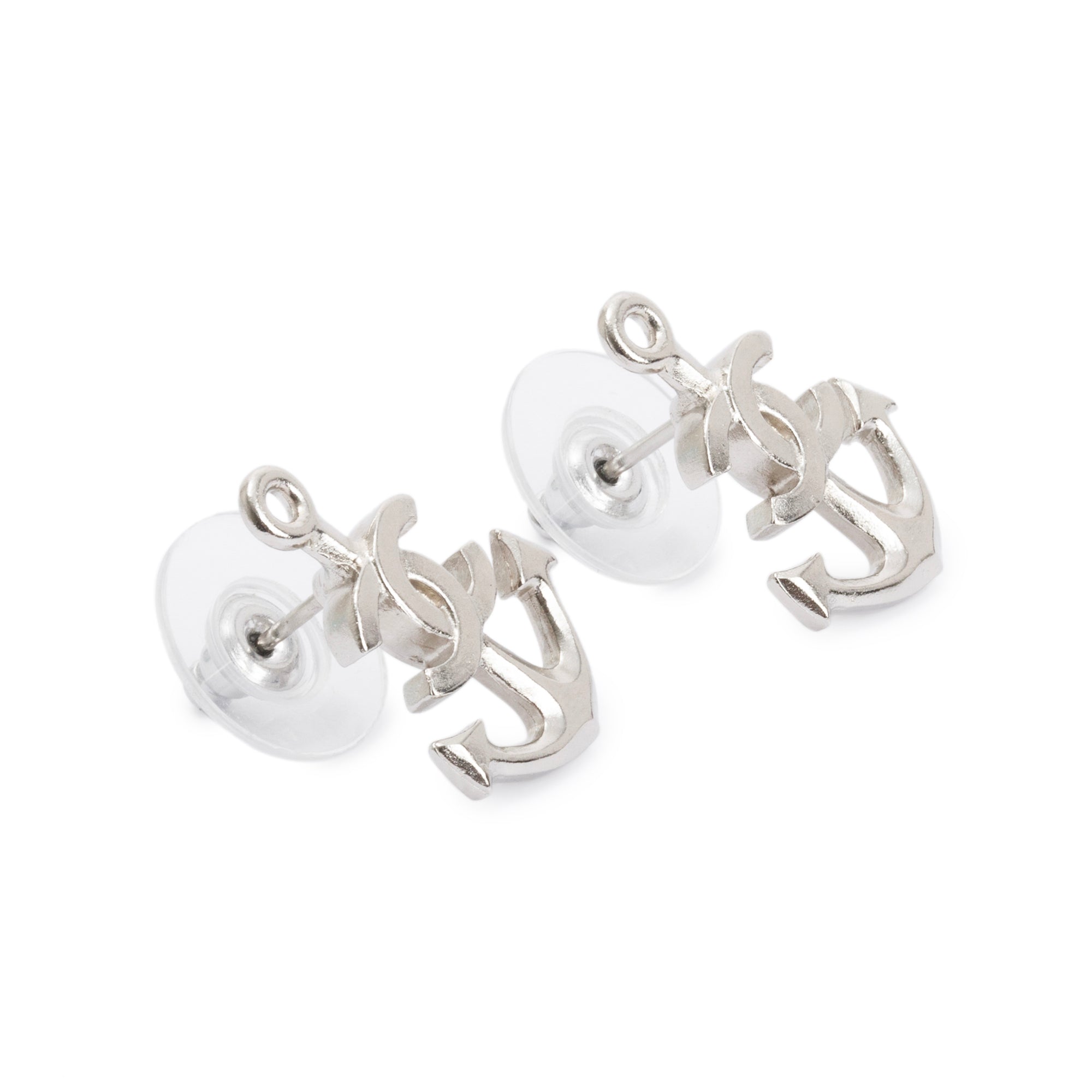 Chanel Silver Metal Anchor CC Earrings w/ Box
