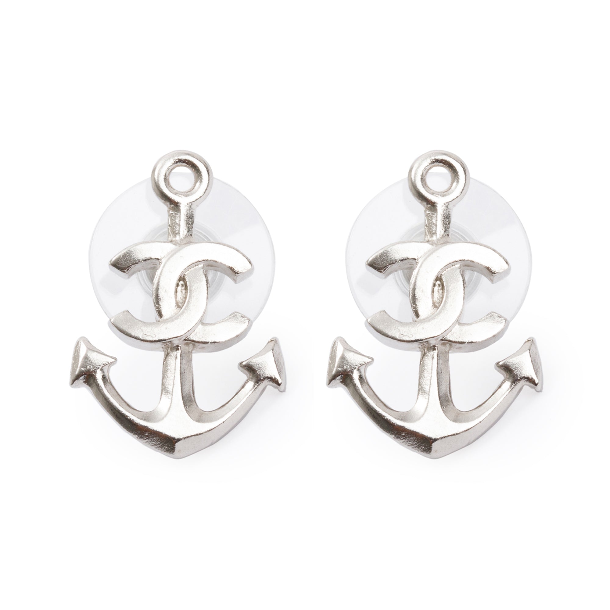 Chanel Silver Metal Anchor CC Earrings w/ Box