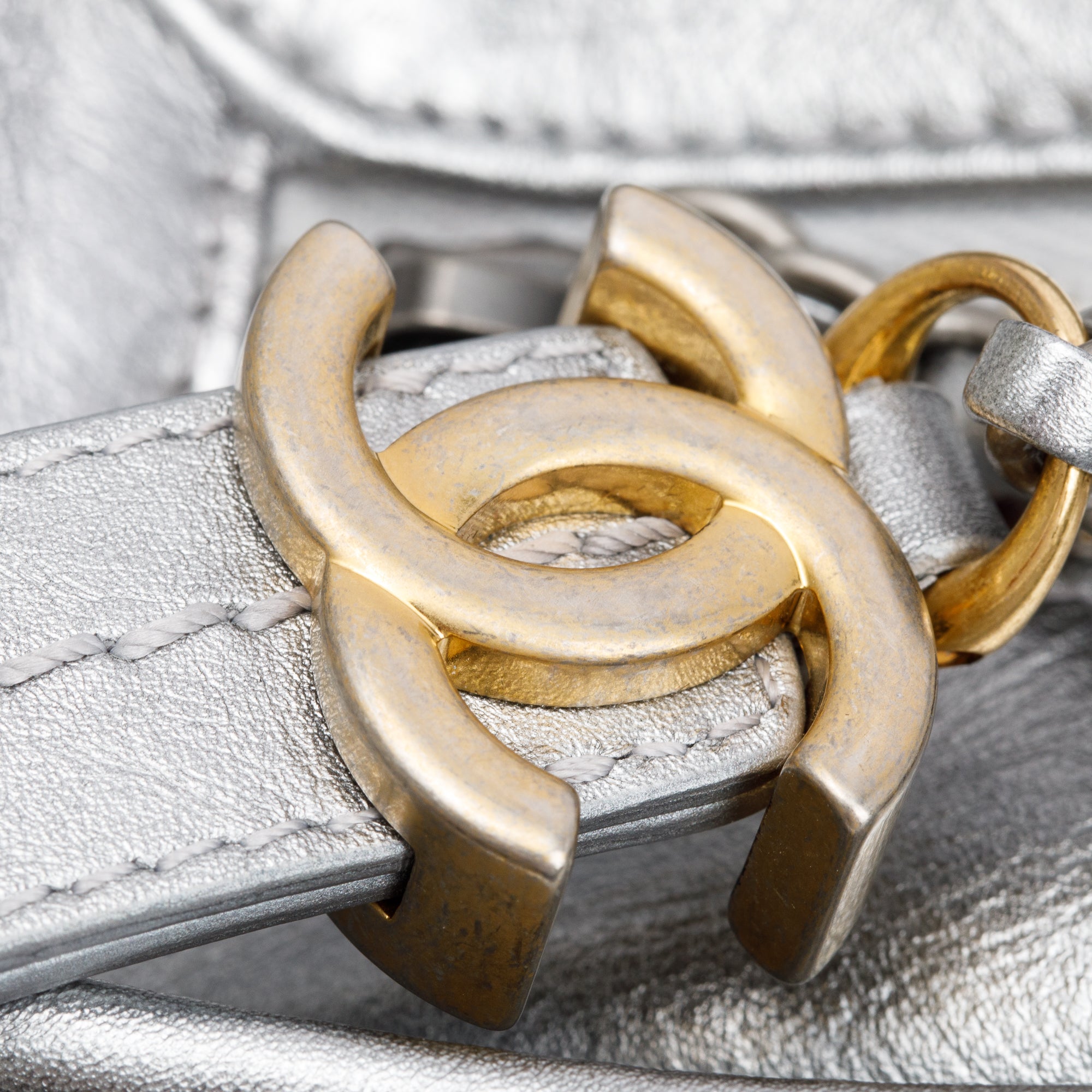 Chanel Silver Metallic Aged Calfskin Leather Large Gabrielle Hobo w/ Authenticity Card