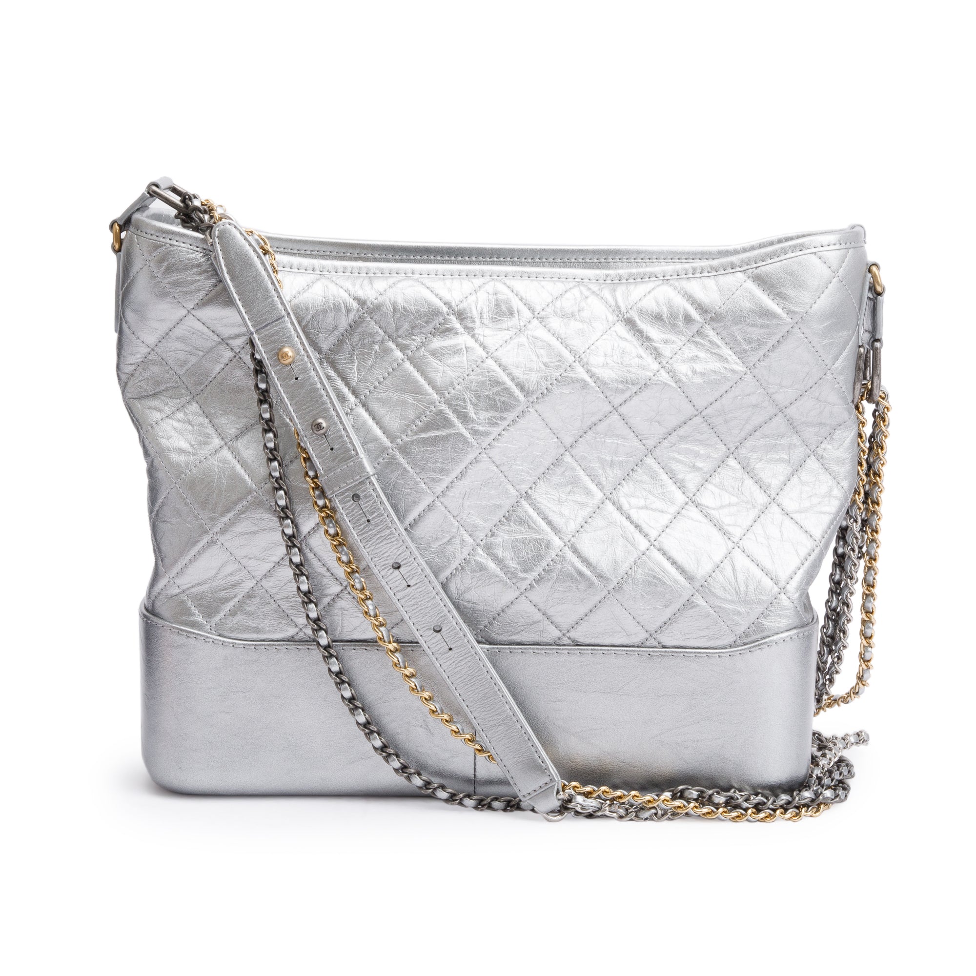 Chanel Silver Metallic Aged Calfskin Leather Large Gabrielle Hobo w/ Authenticity Card
