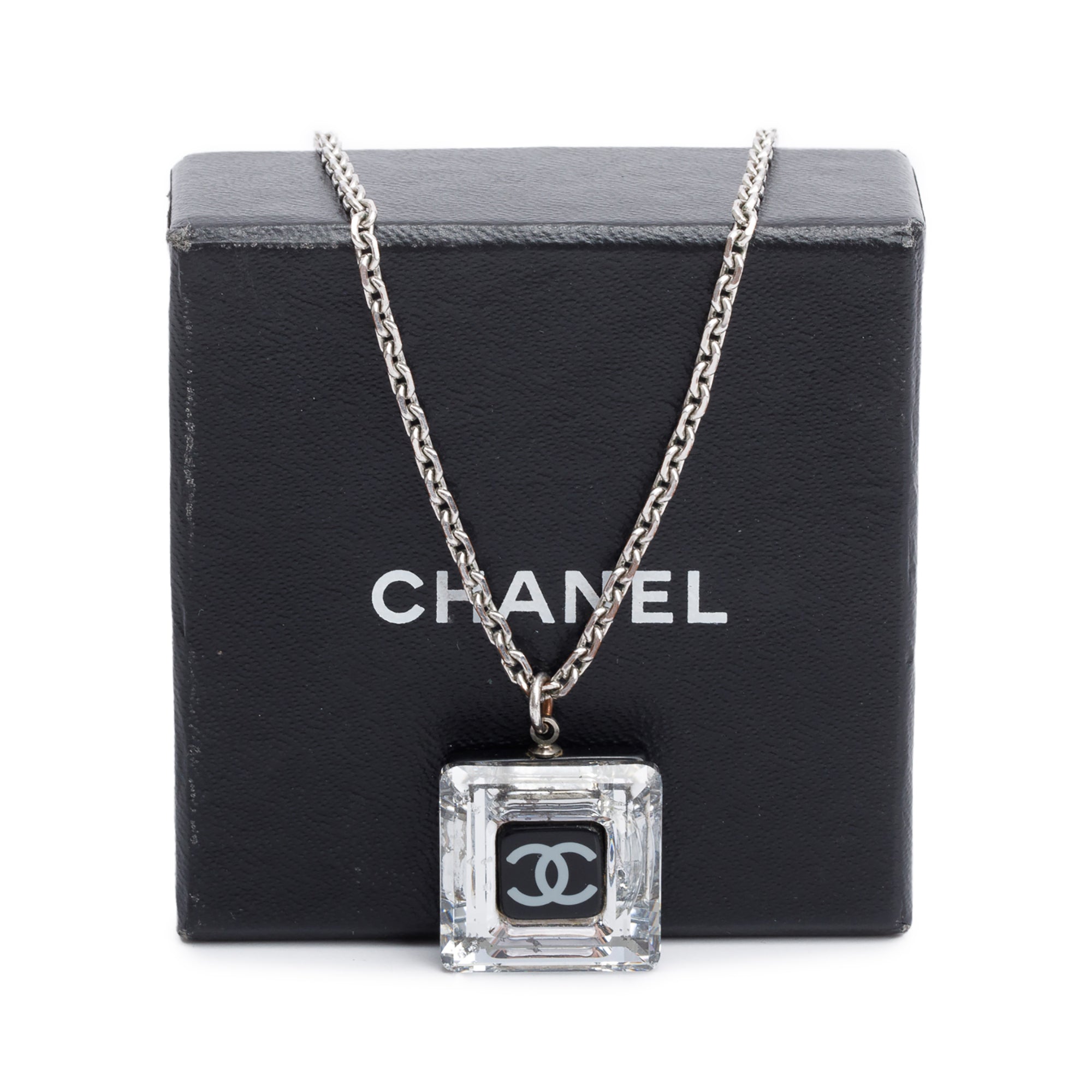 Chanel Silver-Plated CC Crystal Square Pendant Necklace w/ Box