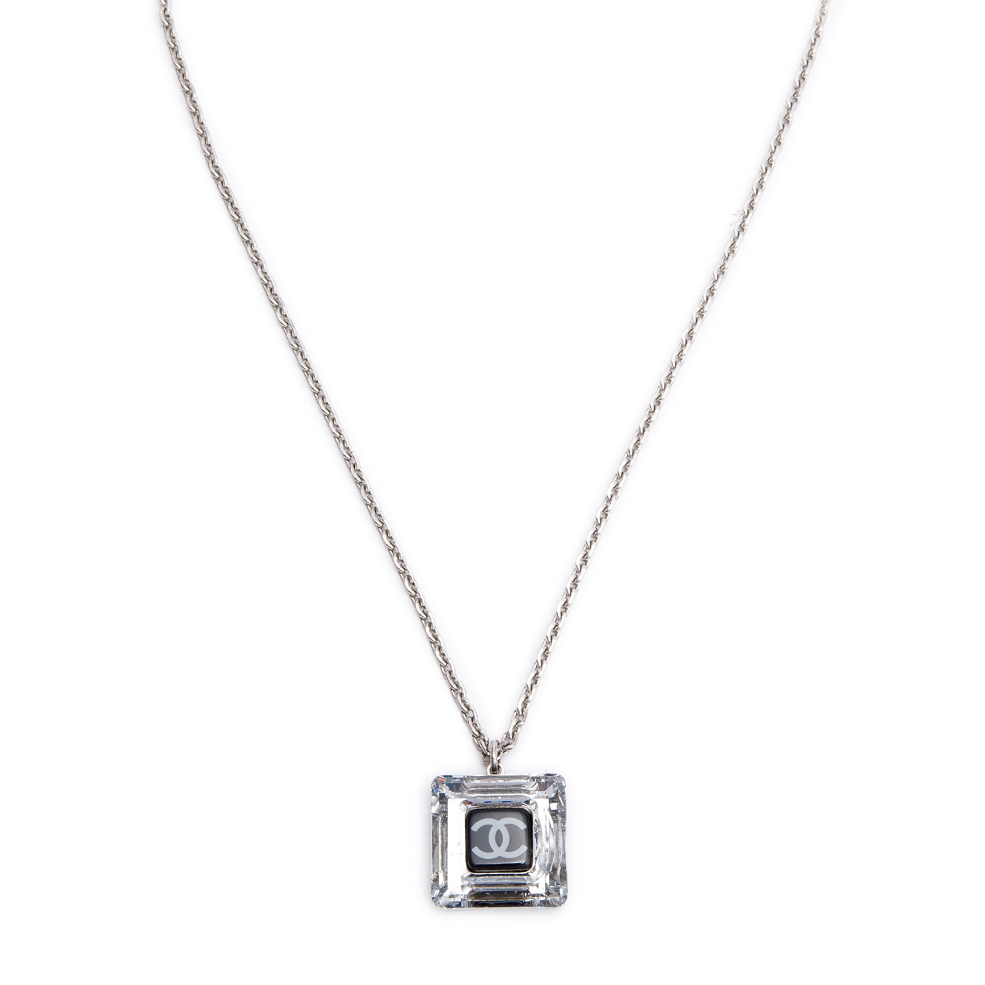 Chanel Silver-Plated CC Crystal Square Pendant Necklace w/ Box