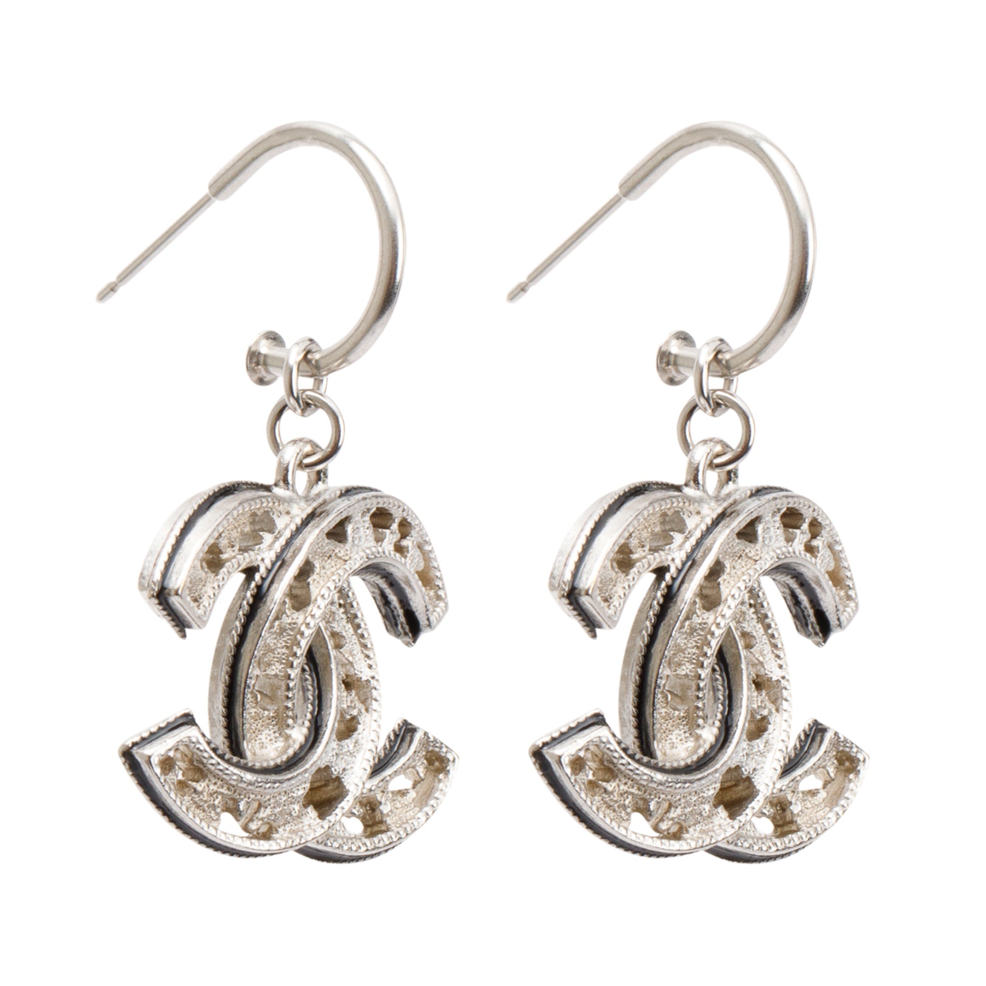 Chanel Silver Plated CC Drop Earrings w/ Box