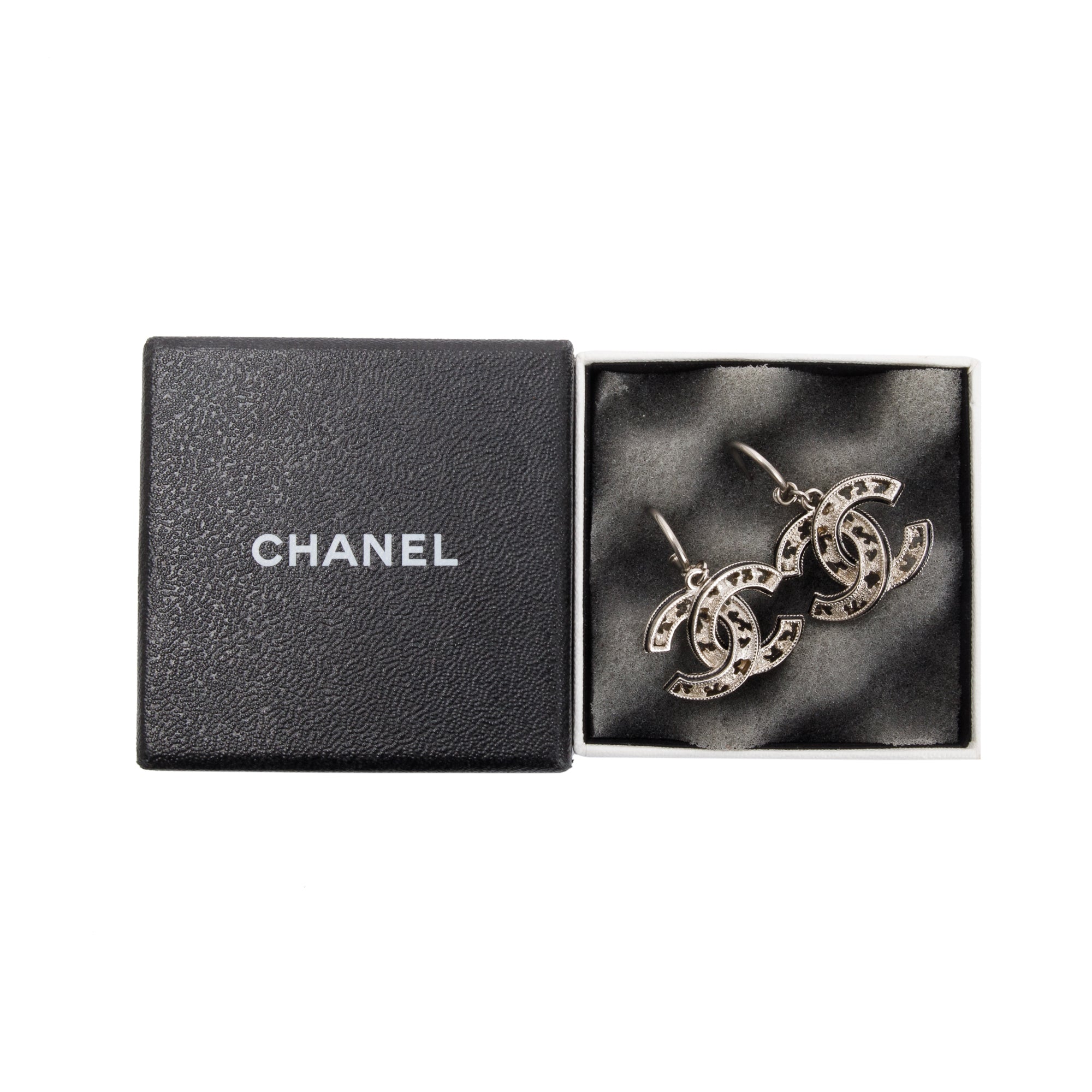 Chanel Silver Plated CC Drop Earrings w/ Box