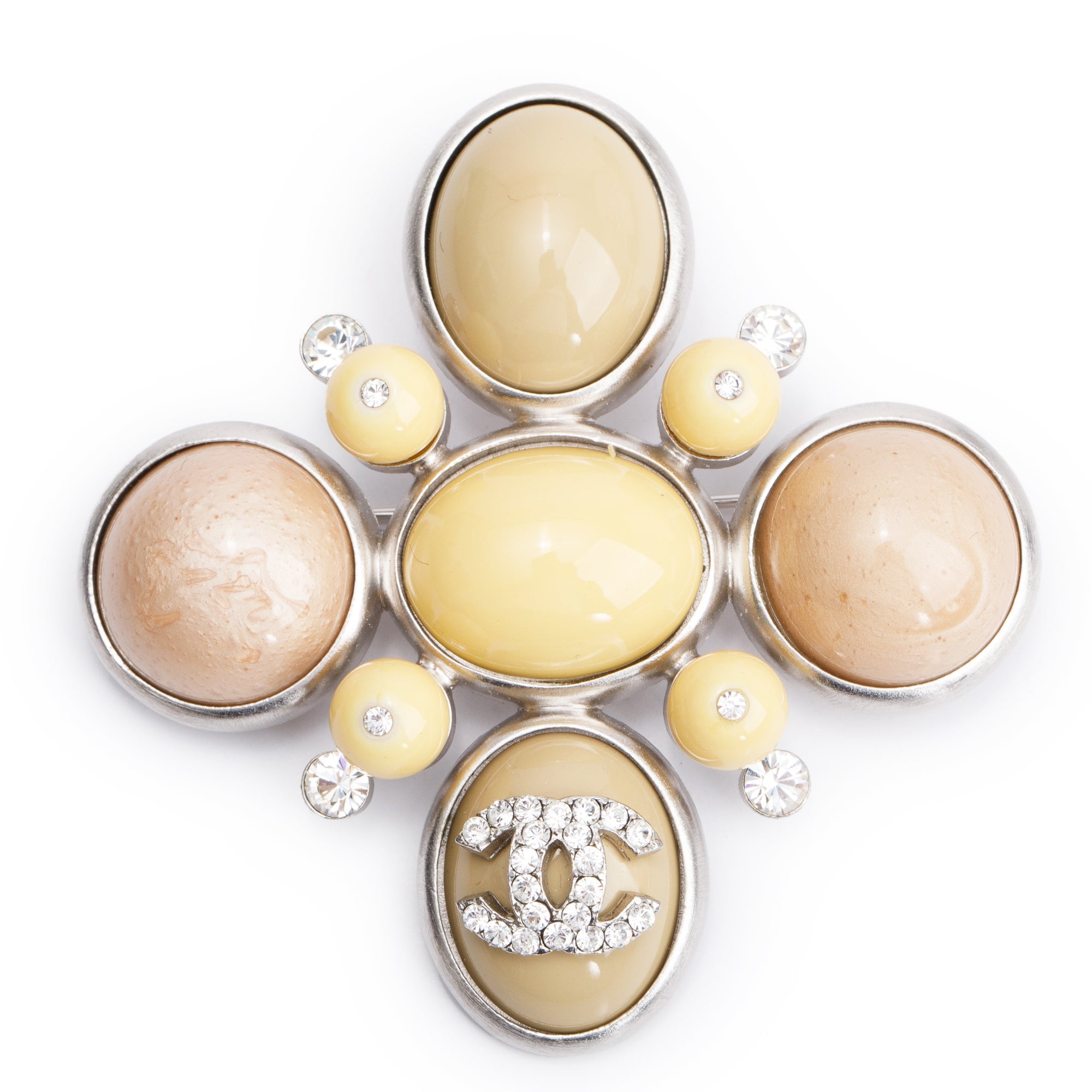 Chanel Silver Plated Cabochon Resin & Strass CC Cross Brooch