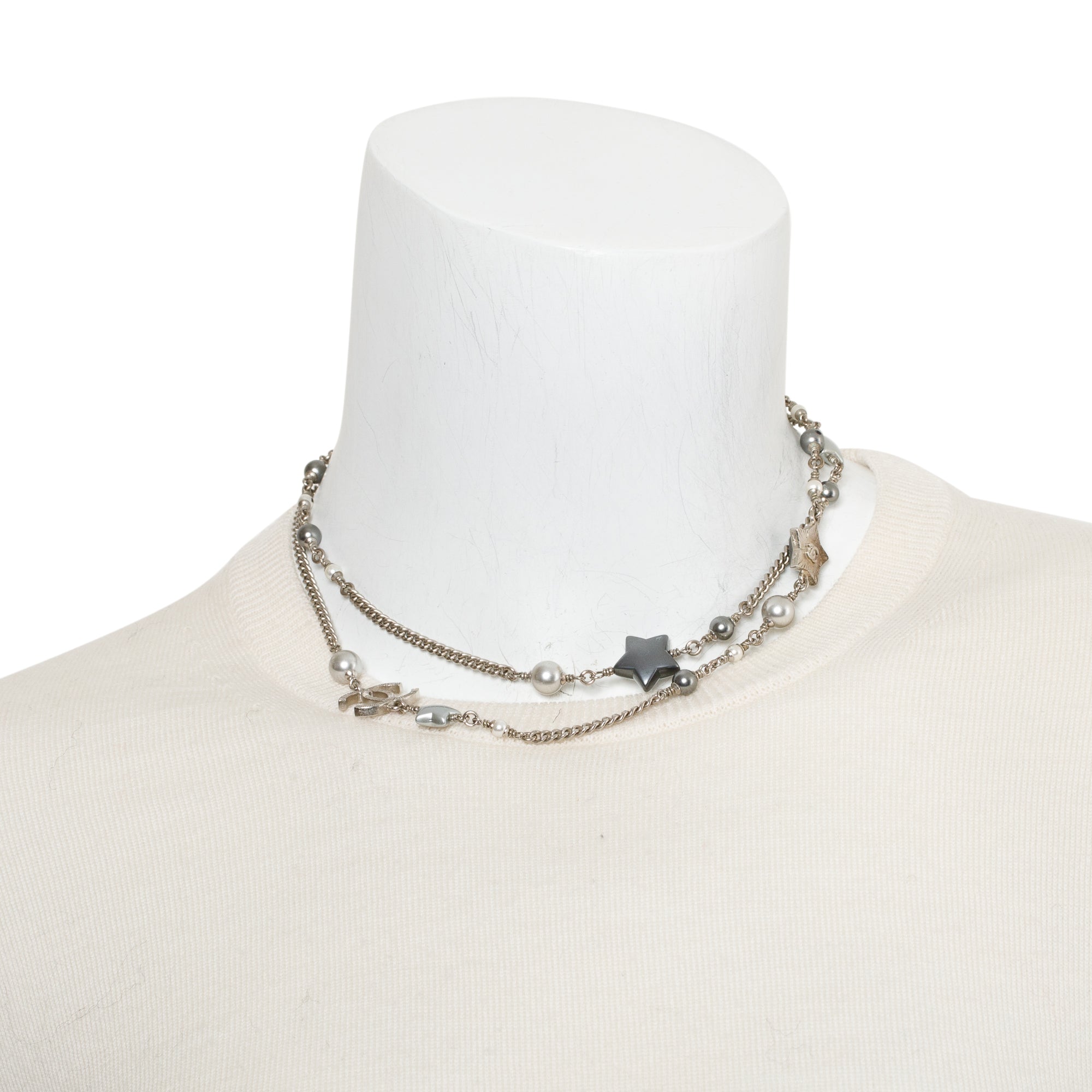Chanel Silver Plated Resin Faux Pearl Star CC Double Strand Necklace