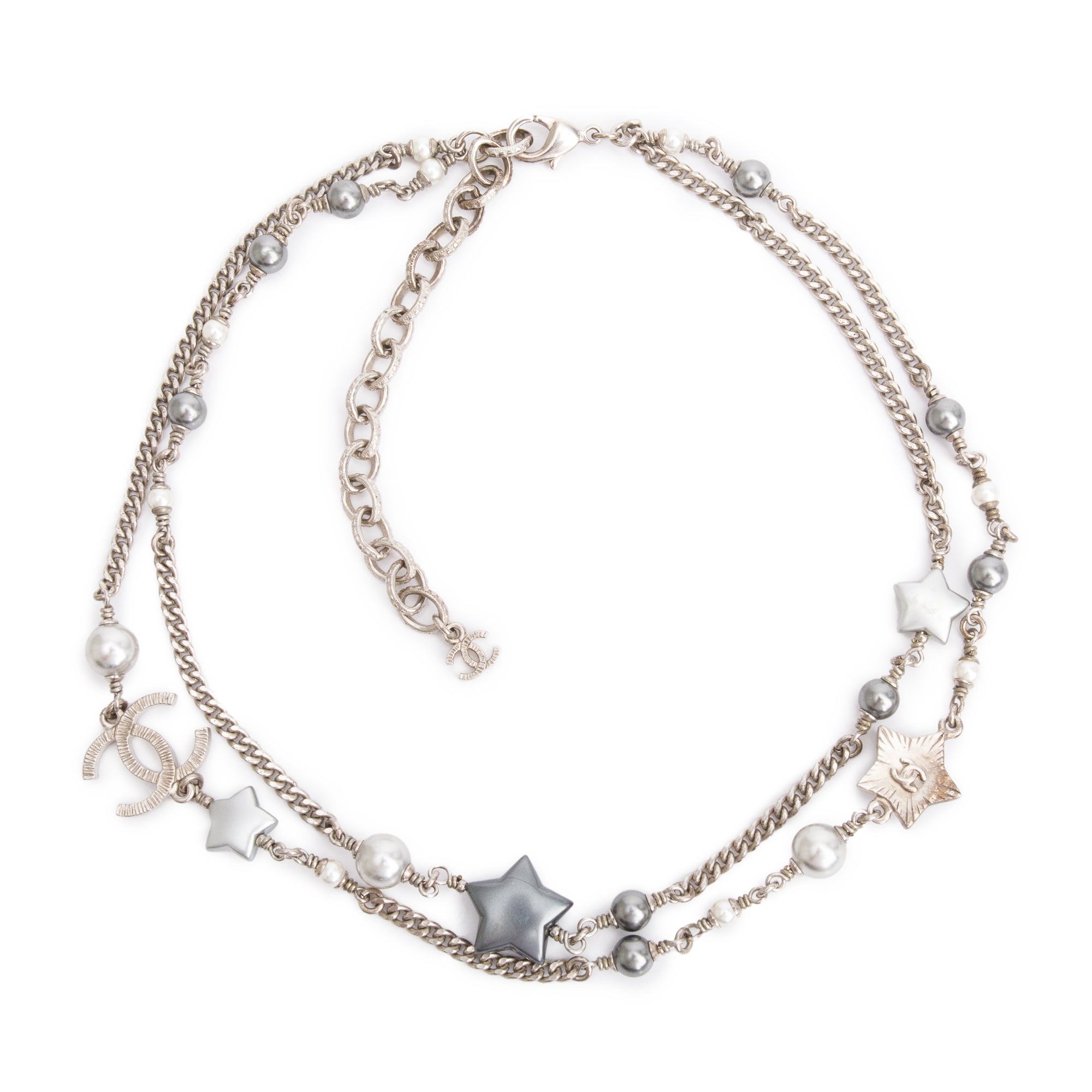 Chanel Silver Plated Resin Faux Pearl Star CC Double Strand Necklace