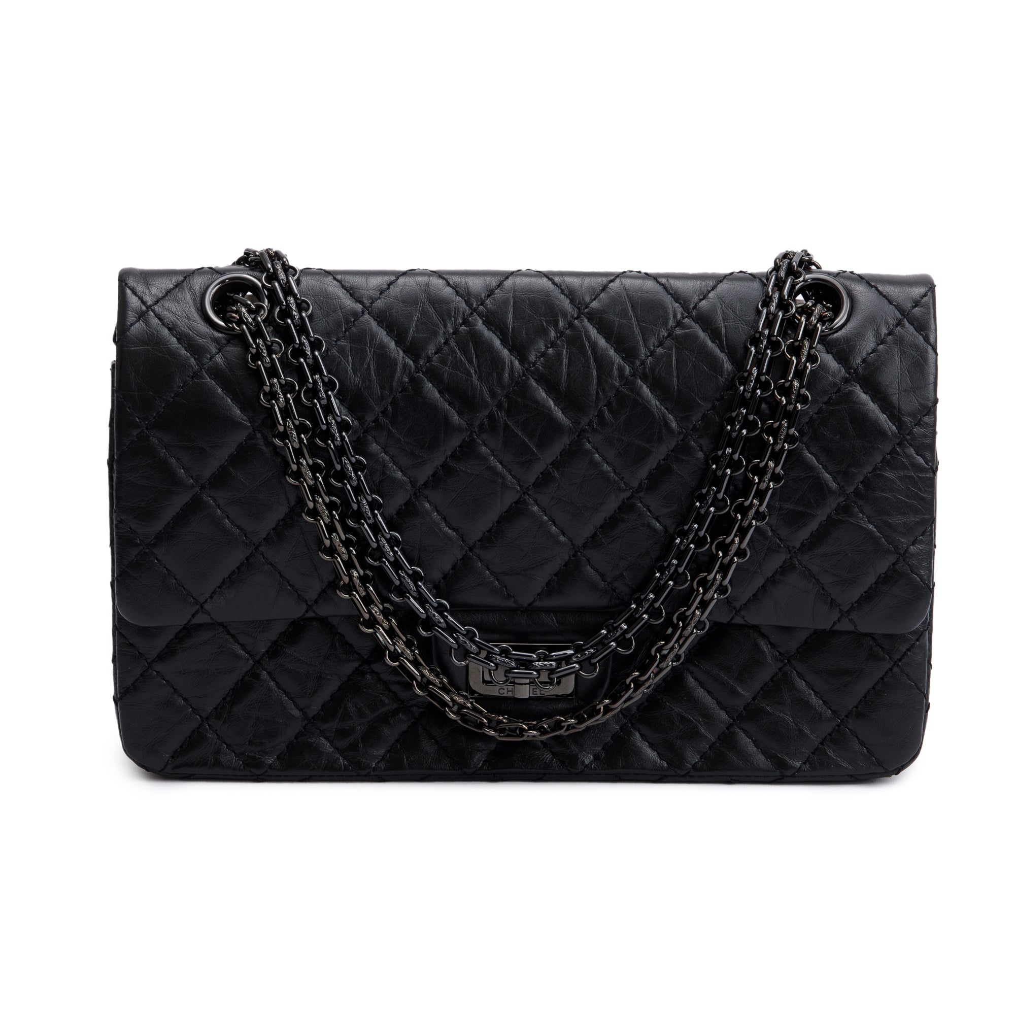 Chanel So Black Calfskin Leather 2.55 Reissue 225 Double Flap Bag w/ Box & Authenticity Card