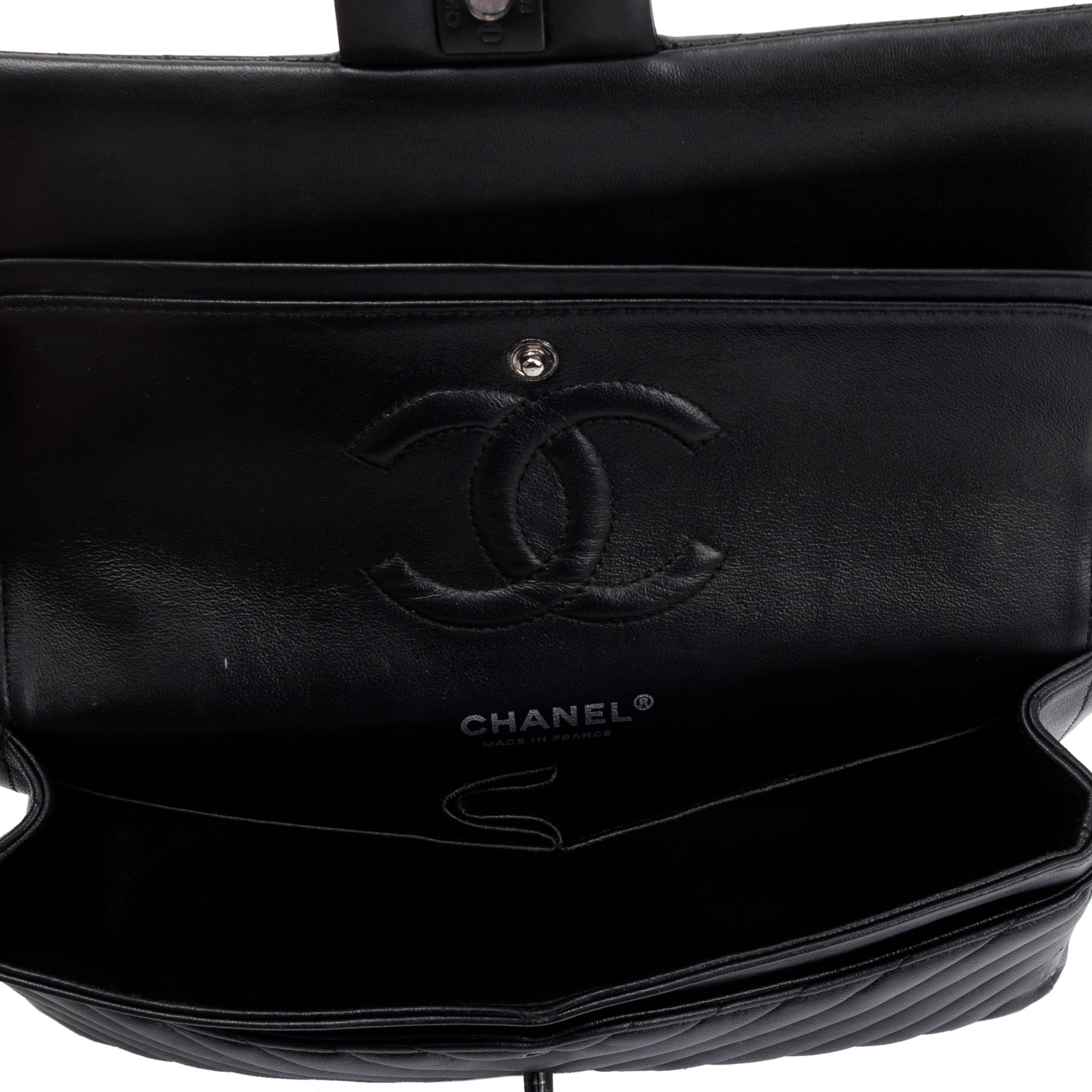 Chanel So Black Chevron Calfskin Leather Classic Medium Double Flap Bag