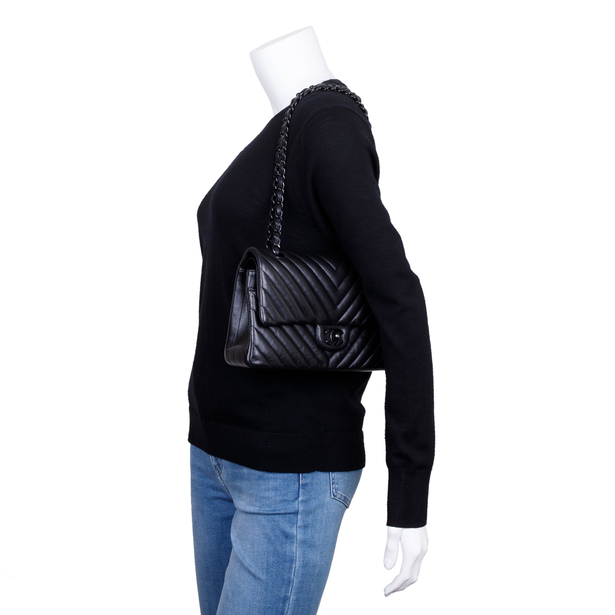 Chanel So Black Chevron Calfskin Leather Classic Medium Double Flap Bag