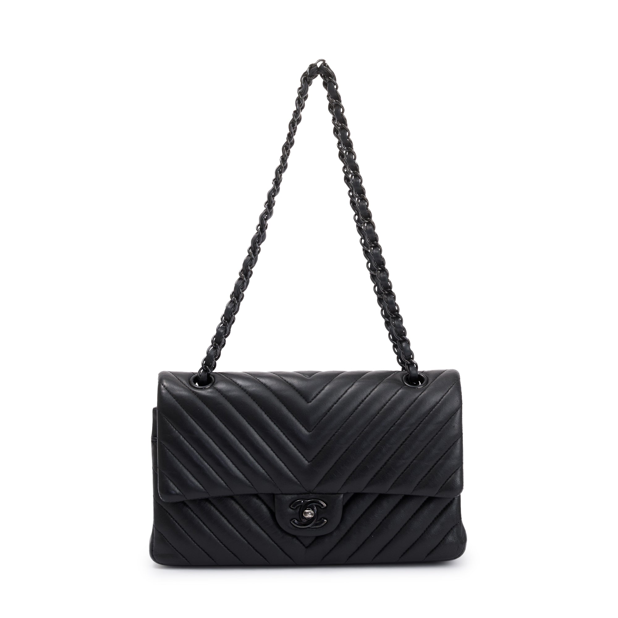 Chanel So Black Chevron Calfskin Leather Classic Medium Double Flap Bag