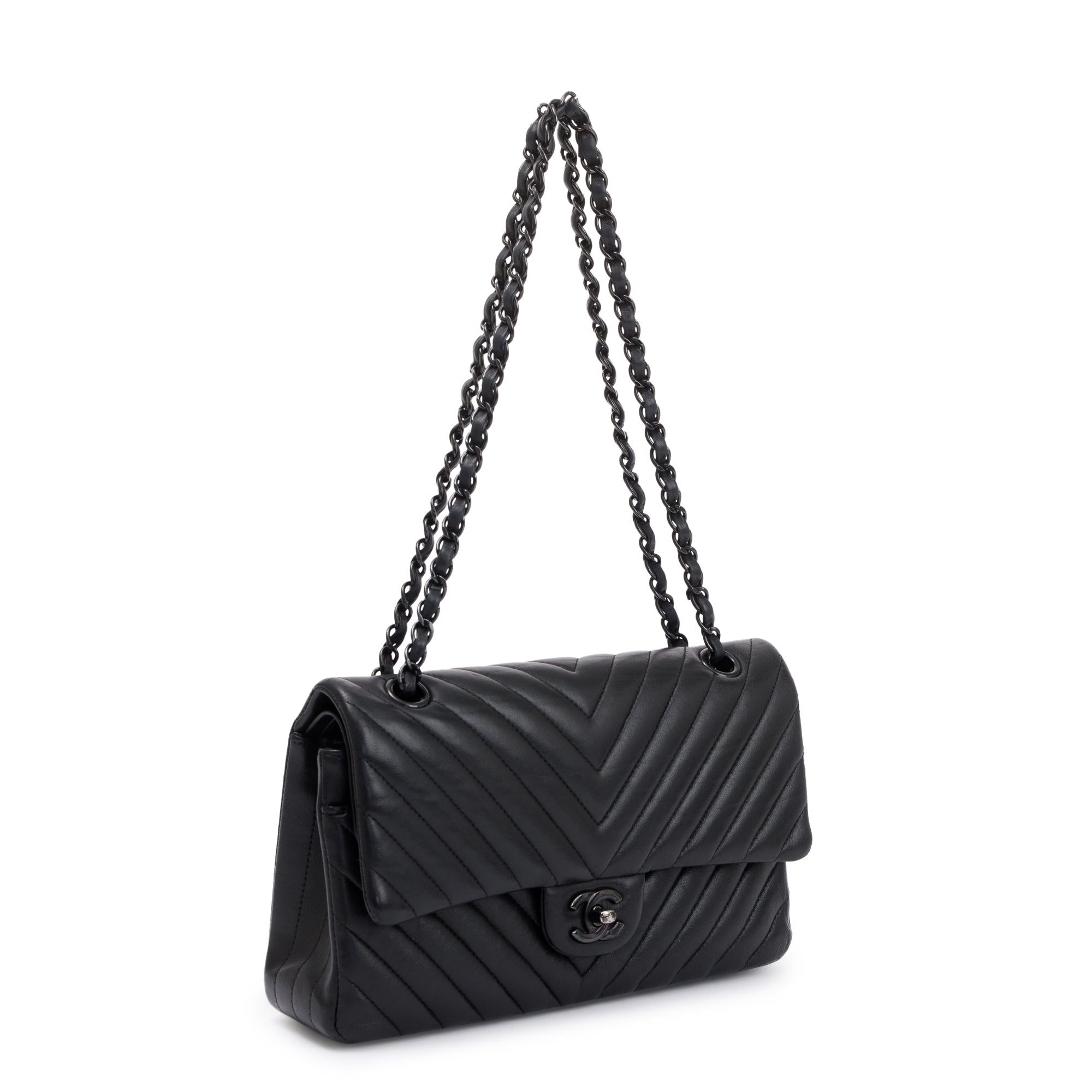 Chanel So Black Chevron Calfskin Leather Classic Medium Double Flap Bag