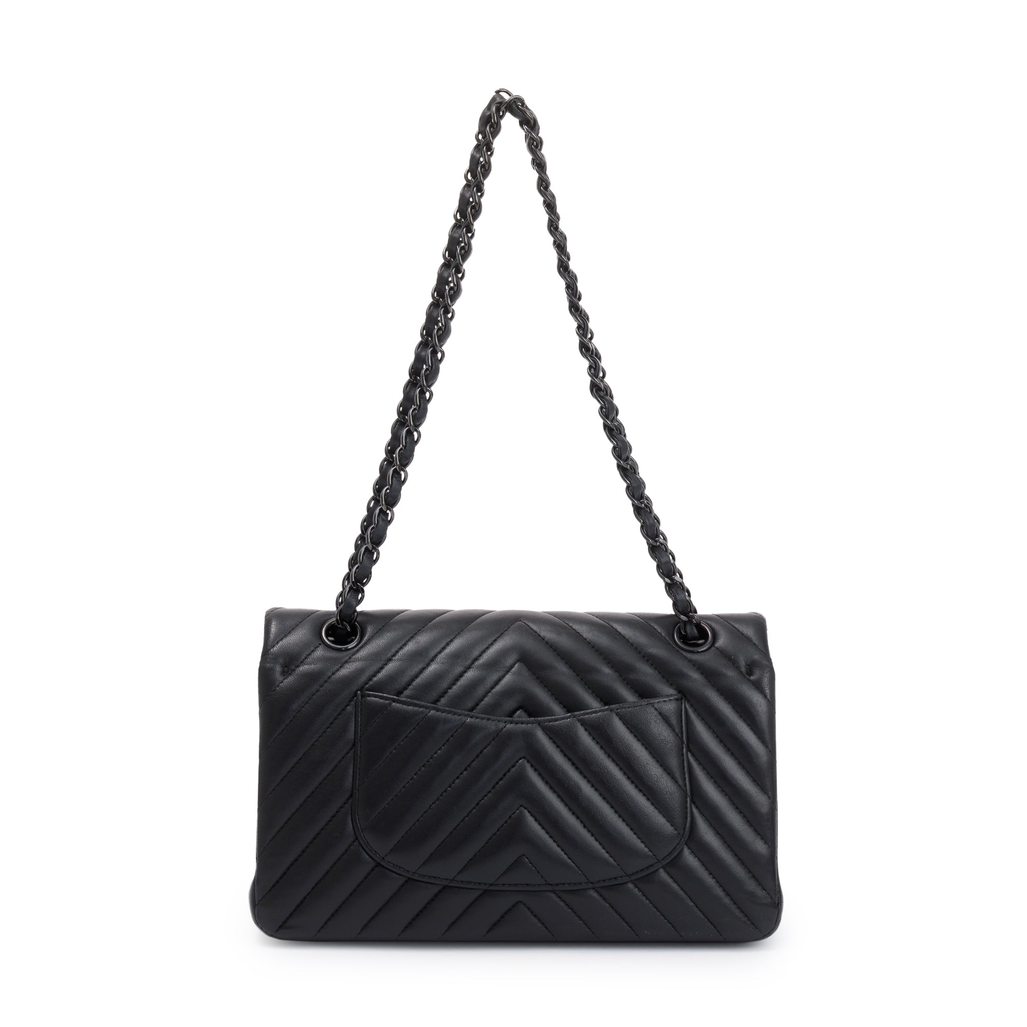 Chanel So Black Chevron Calfskin Leather Classic Medium Double Flap Bag