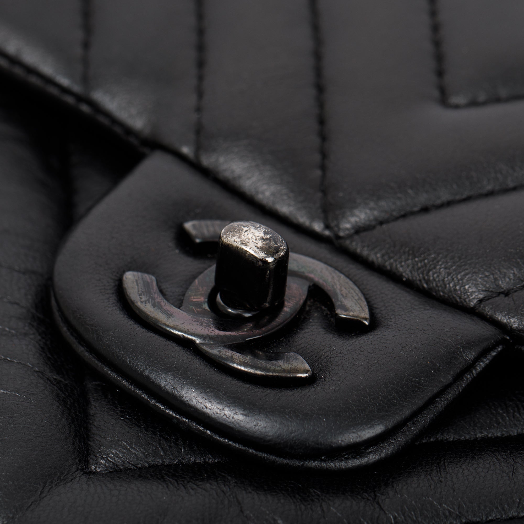 Chanel So Black Chevron Calfskin Leather Classic Medium Double Flap Bag