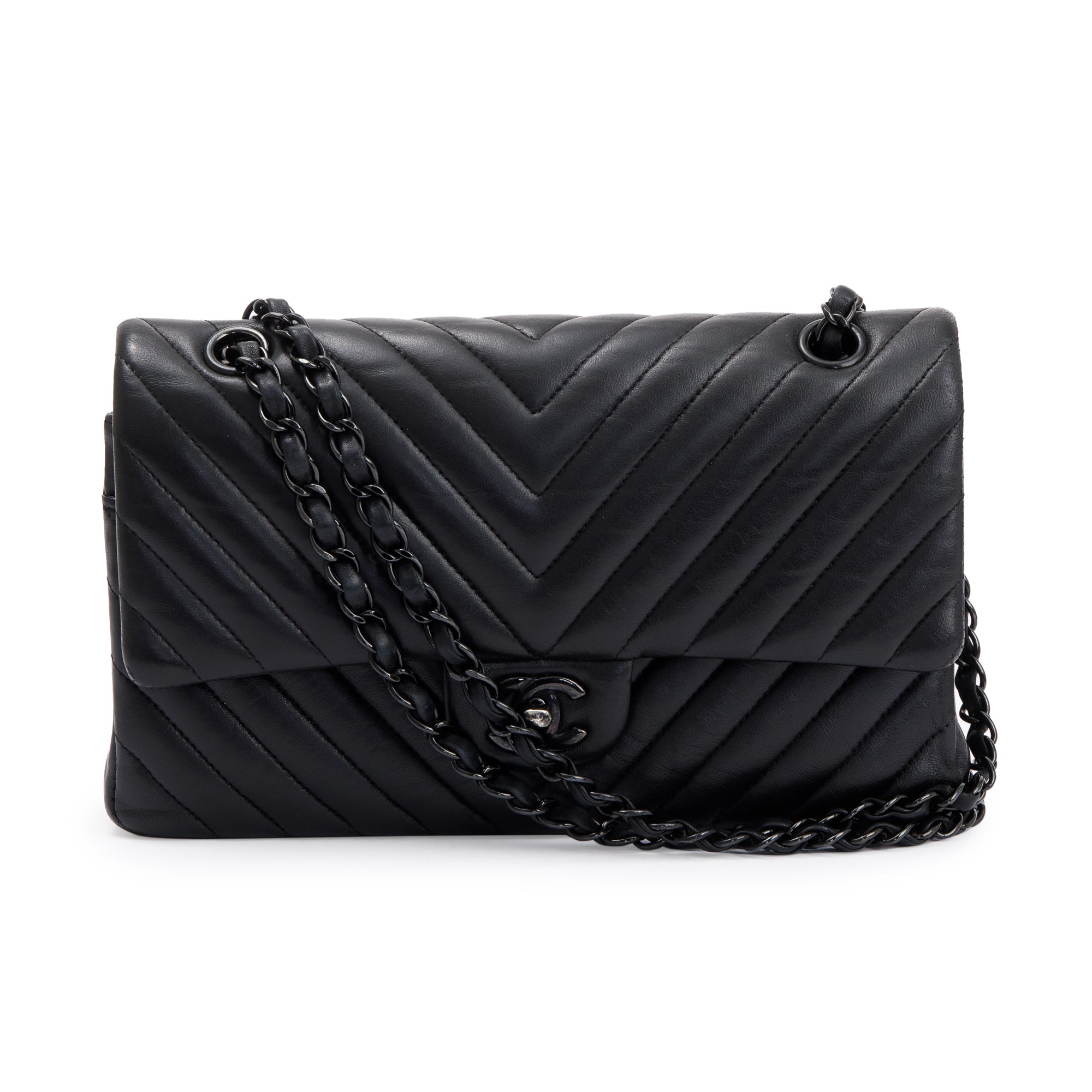 Chanel So Black Chevron Calfskin Leather Classic Medium Double Flap Bag