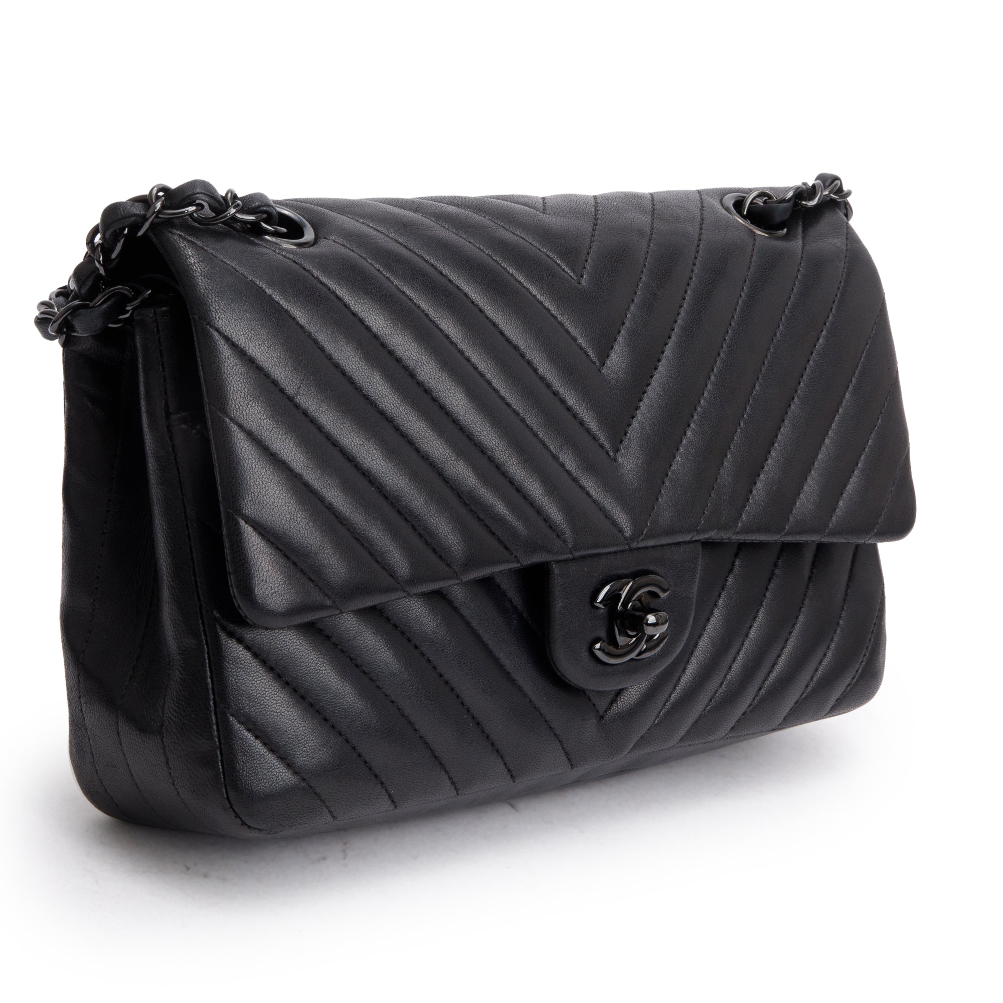 Chanel So Black Chevron Quilted Lambskin Leather Classic Medium Double Flap Bag