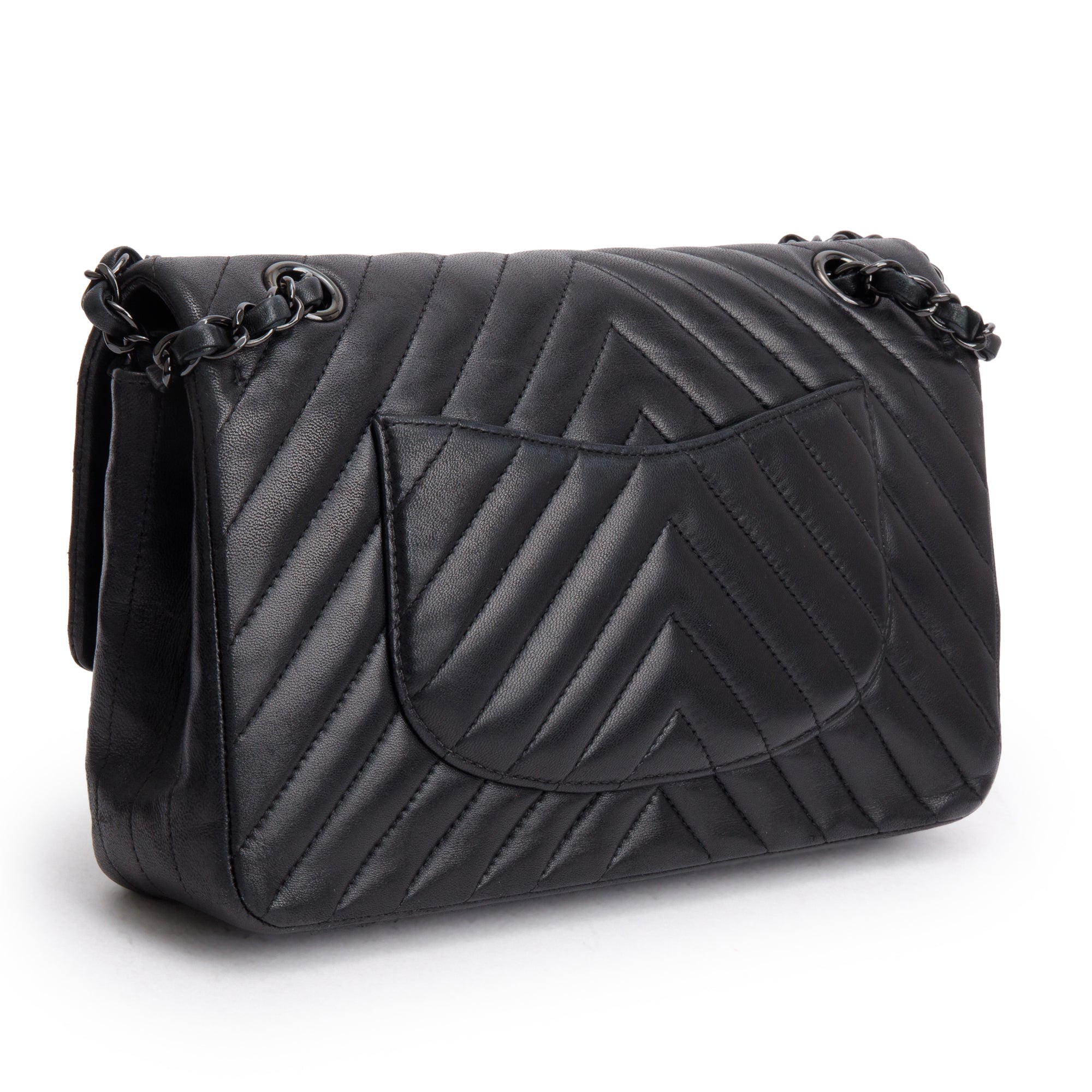 Chanel So Black Chevron Quilted Lambskin Leather Classic Medium Double Flap Bag