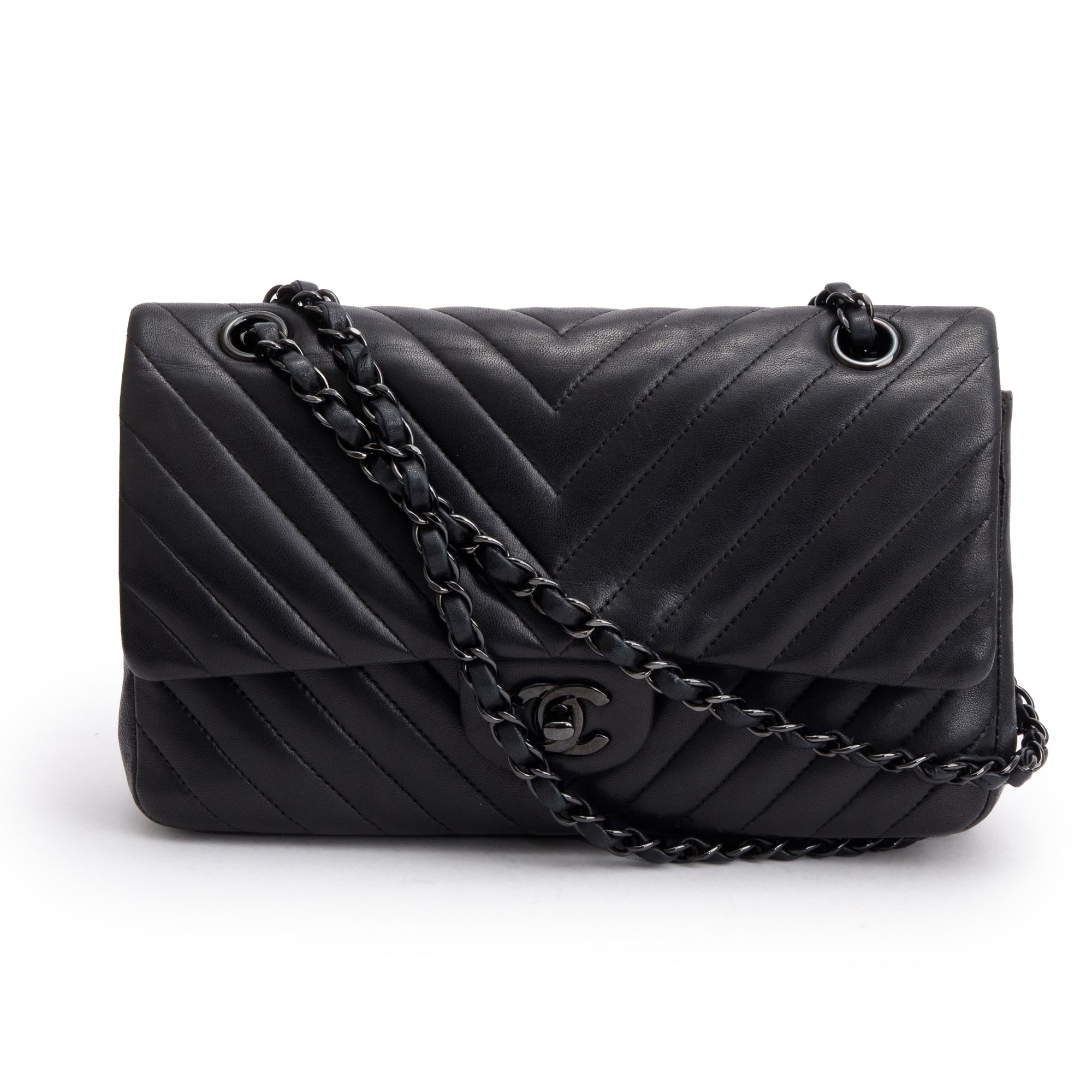 Chanel So Black Chevron Quilted Lambskin Leather Classic Medium Double Flap Bag
